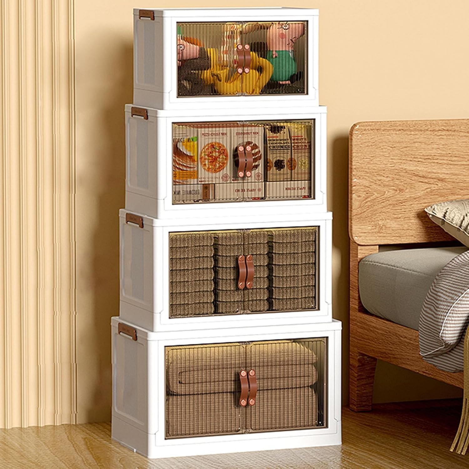 Storage Bins With Double Side Doors, Lids, 1-5Tier Folding Box, Clear, Stackable Under Bed Container For Home &(1f,Width:56cm)