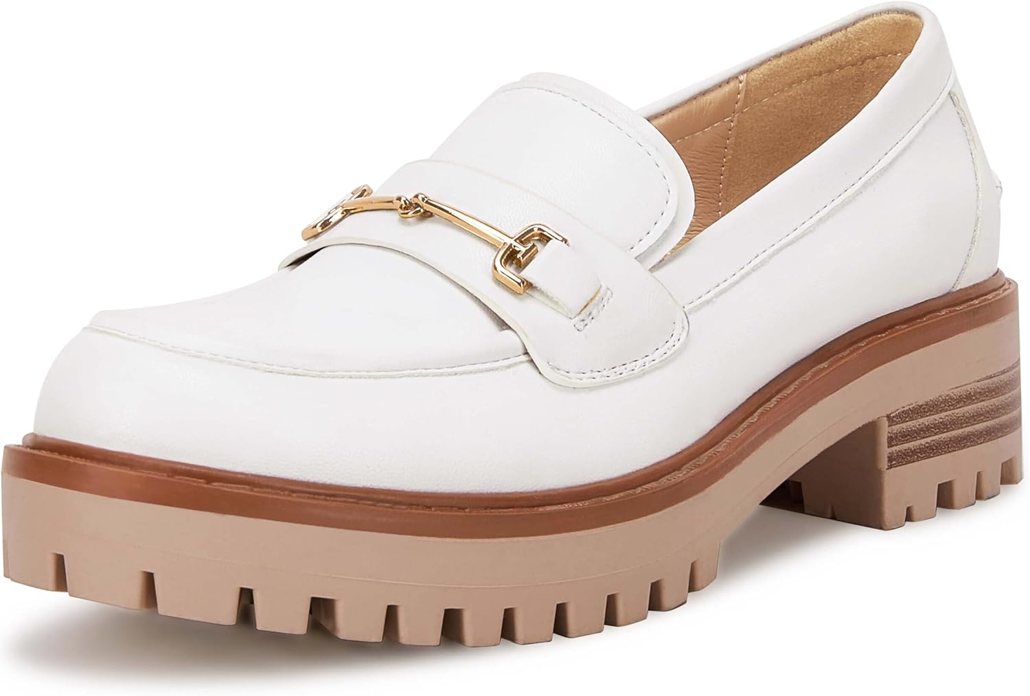 VETASTE Womens Lug Sole Platform Mid Chunky Heel Loafers Classic Round Toe Slip On Office Uniform Oxfords Shoes with Metal Chain