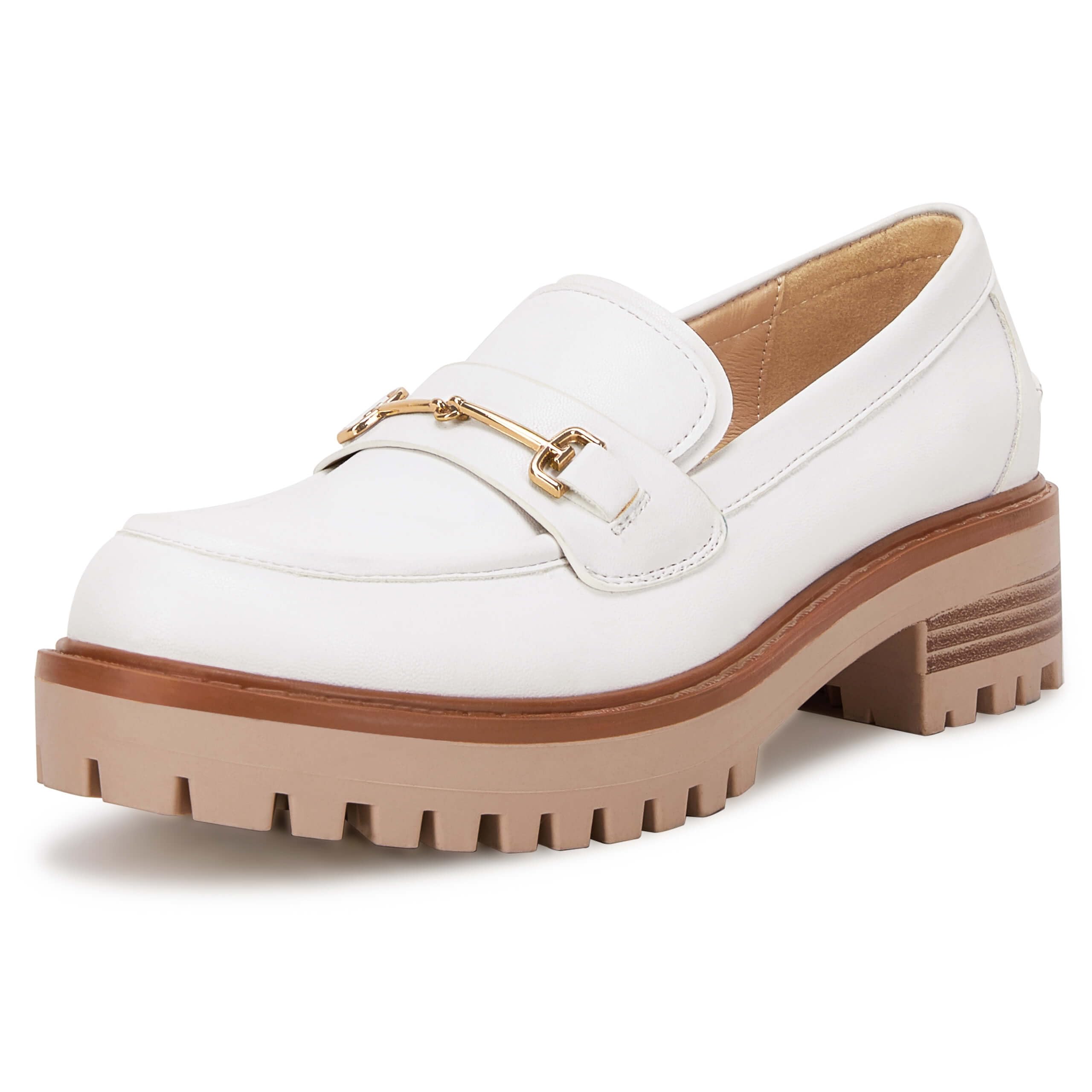 VETASTE Womens Lug Sole Platform Mid Chunky Heel Loafers Classic Round Toe Slip On Office Uniform Oxfords Shoes with Metal Chain