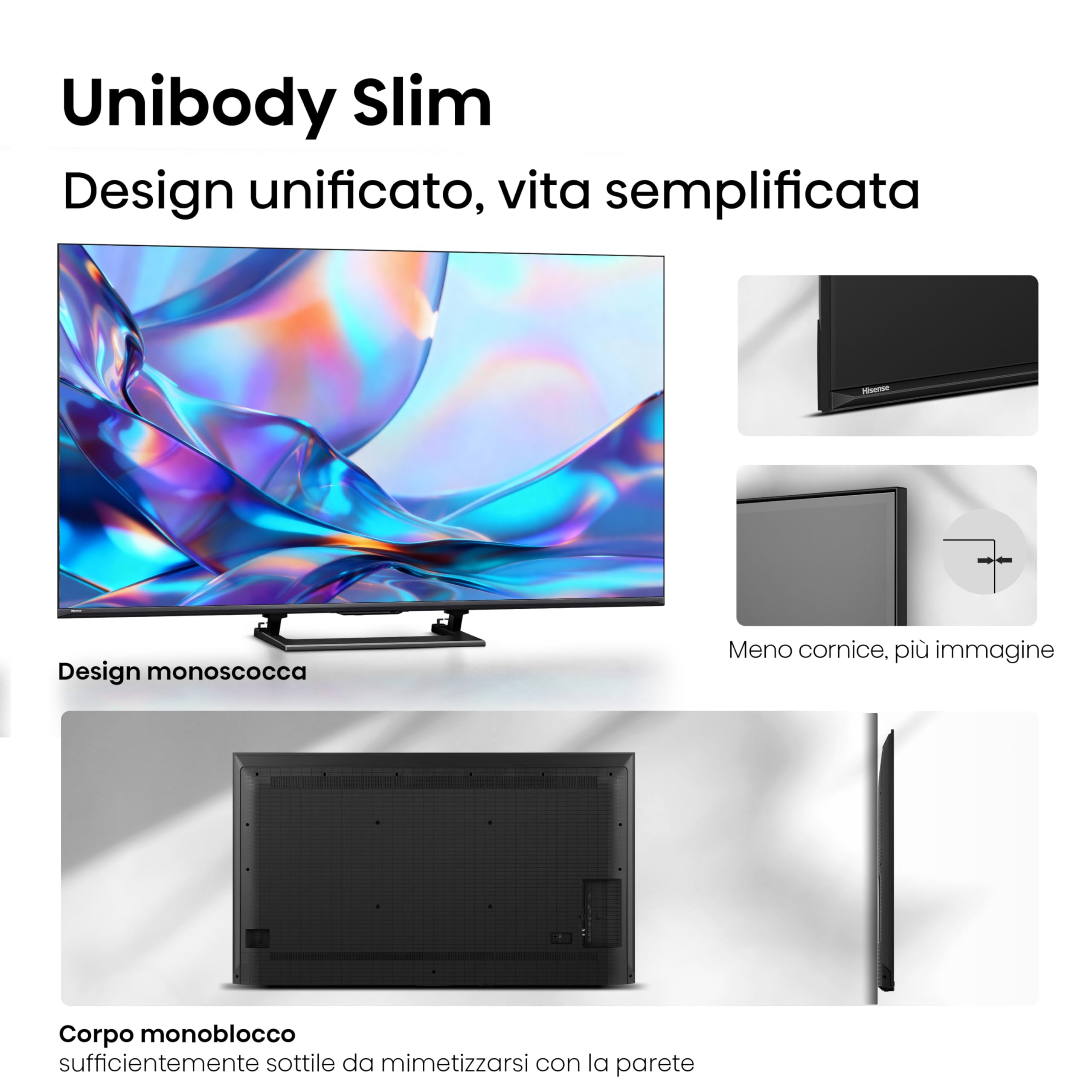 Hisense Smart TV QLED 55" 4K 55A7S, 60Hz, Audio Dolby Atmos, Designed Unibody Slim, VIDAA OS con 1000+ APP, Dolby Vision IQ, HDR 10+, Game Mode Plus, BT, Wifi, Alexa Built-in, AirPlay2, lativù 4K