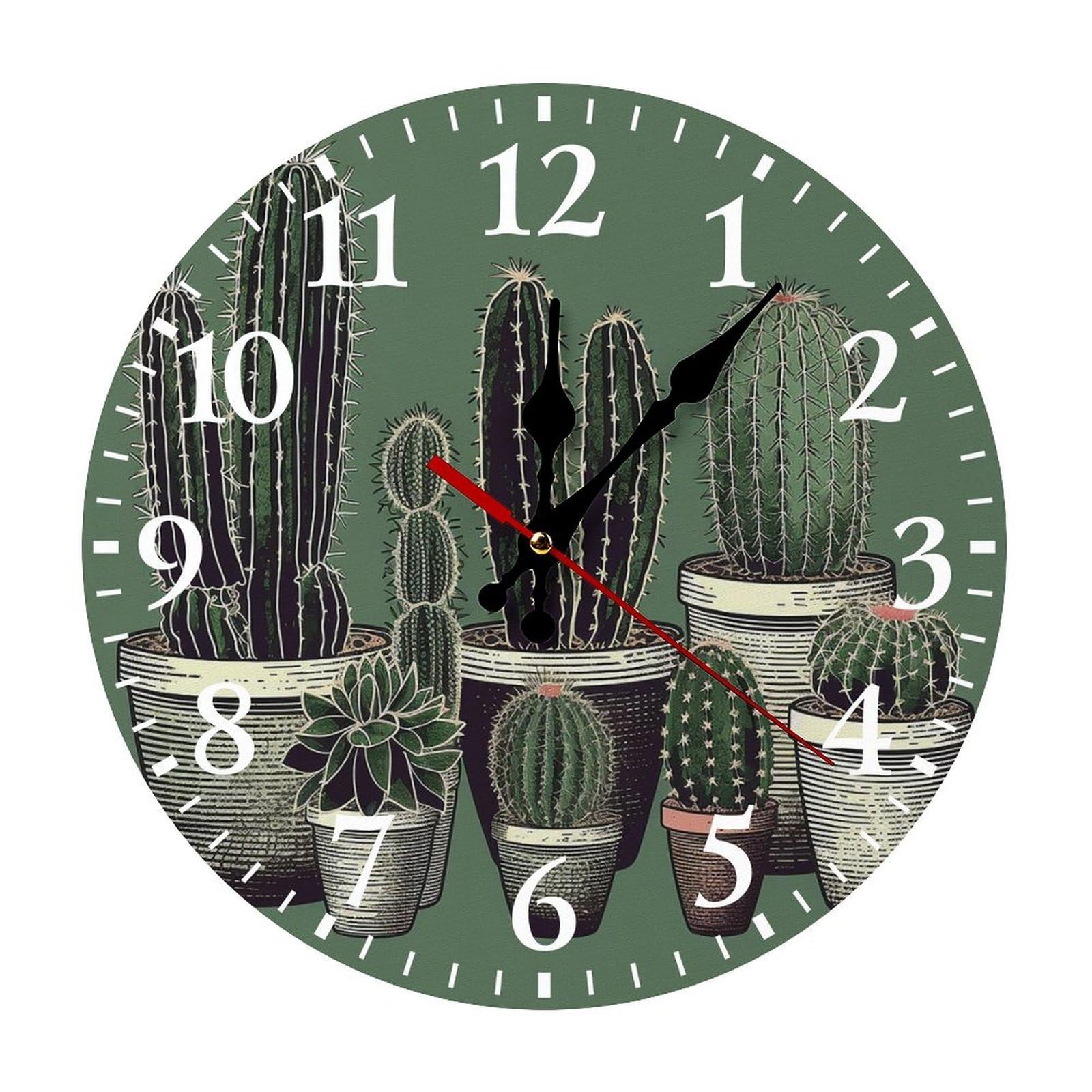 NTVOWPZO 10 Inch Wall Clock Green Cactus Battery Operated Wall Clocks Silent Non-Ticking Round Wall Clock for Living Room Kitchen Home Office Wall Decorative Clock