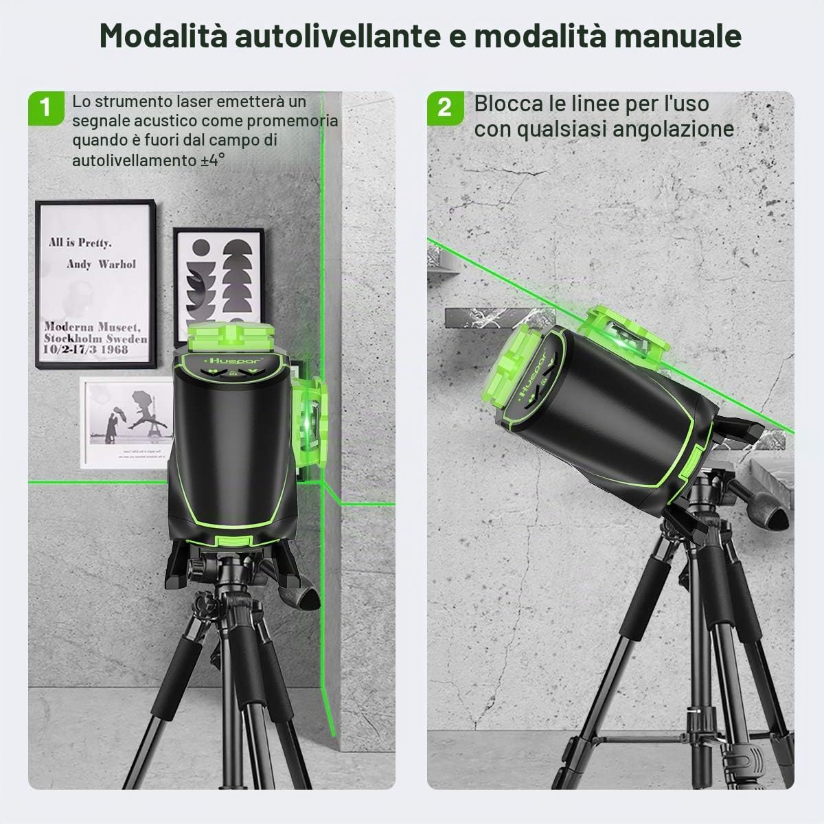 Livella laser Huepar,3x360°laser raggio verde autolivellante,S03DG-L | Livella laser terra con linee verticali orizzontali commutabili,dotata batteria agli ioni litio e base magnetica girevole