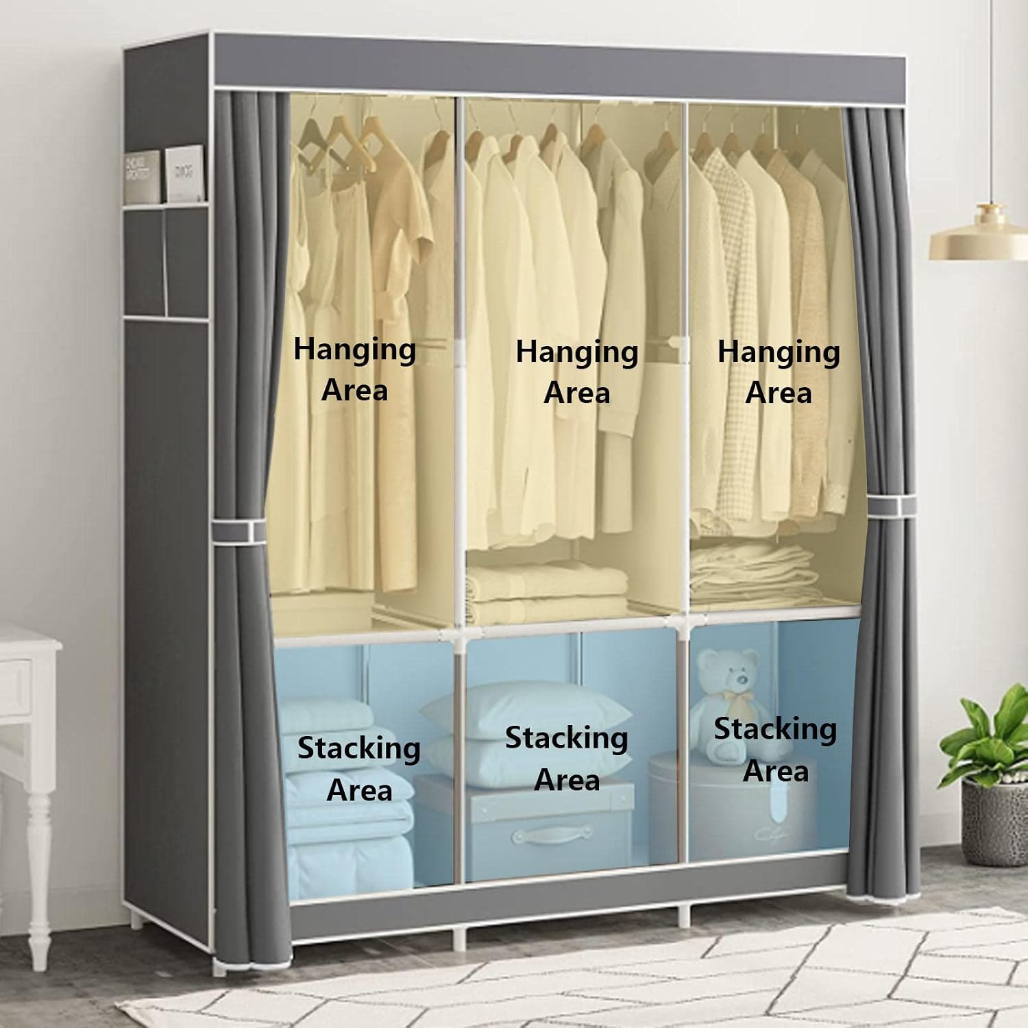 Portable Canvas Wardrobe, Fabric Clothes Closet Storage Organizer with Hanging Rail, Shelves, Side Pockets, Foldable Closet for Bedroom,Blue-125x45x170cm