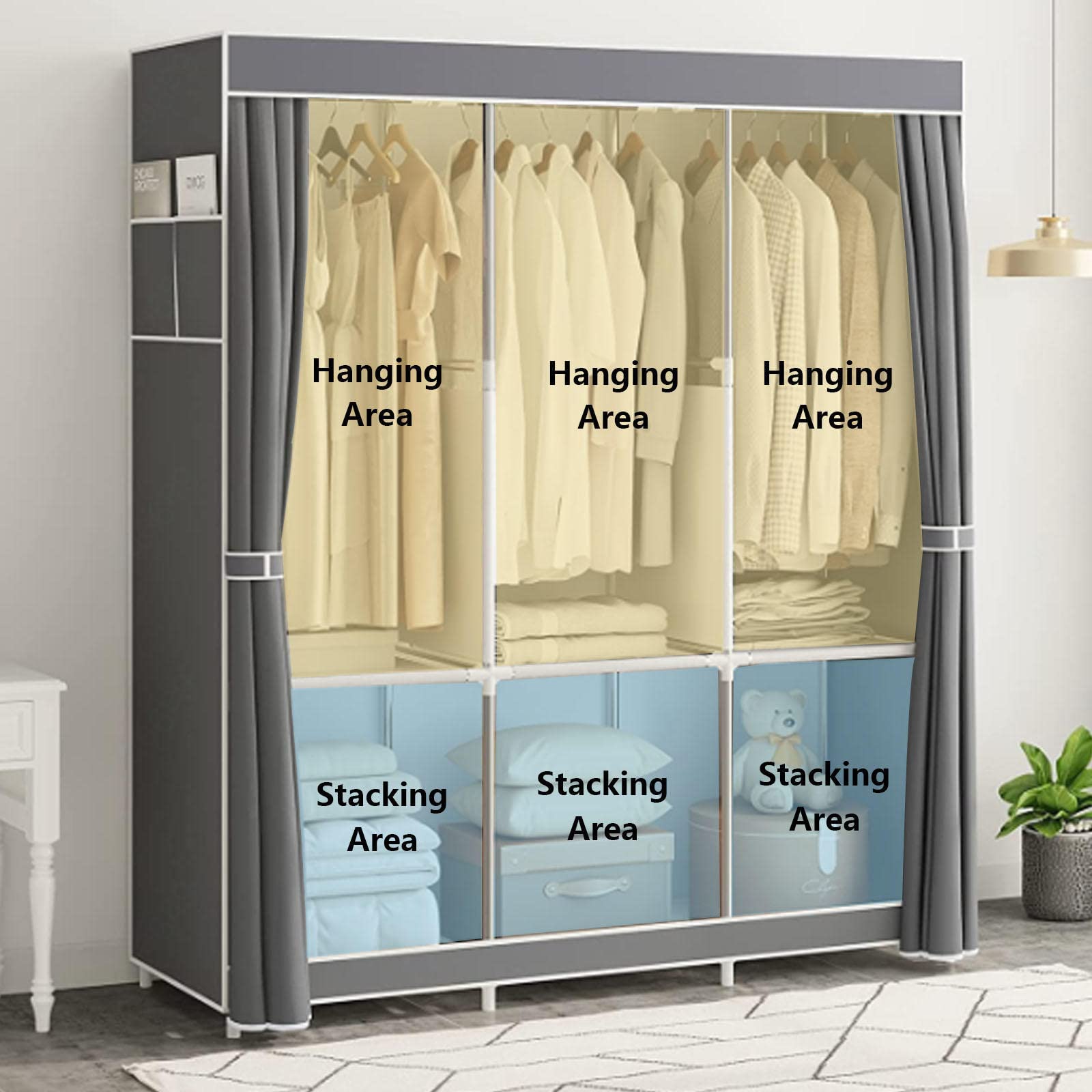 Tragbarer Kleiderschrank aus Segeltuch, Stoff-Kleiderschrank, Aufbewahrungsorganisator mit Kleiderstange, Regalen, Seitentaschen, faltbarer Schrank für Schlafzimmer, Blau-125 x 45