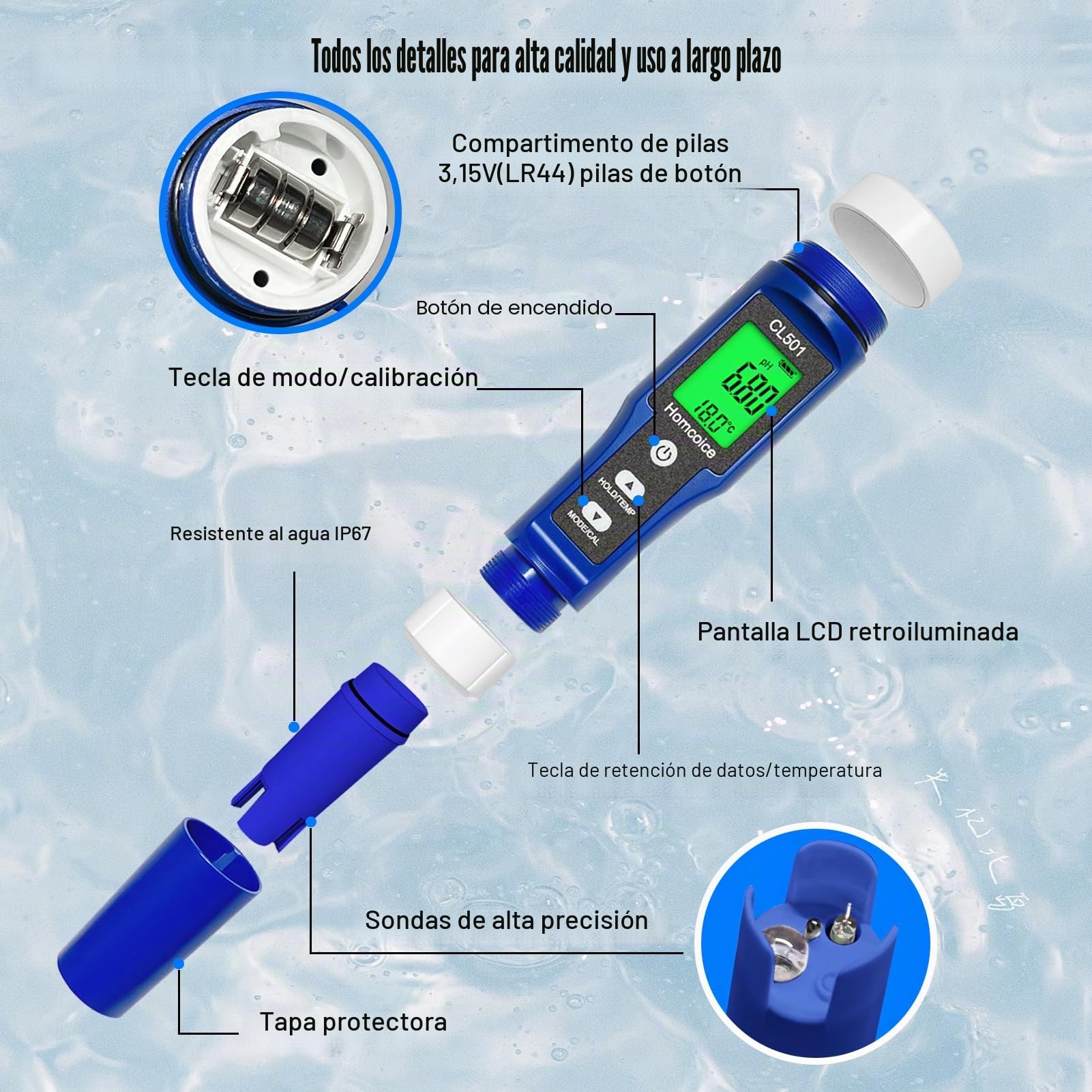 Medidor pH Cloro Piscinas 5 en 1, pH Cloro ORP H₂ Temperatura Meter medición prápida y precisa, Tester Calidad Agua para agua potable, spa, acuario, hidroponía