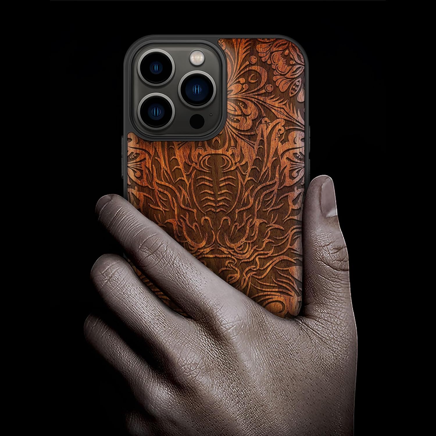 Carveit Magnetic Wood Case for iPhone 13 Pro Max [Hard Real Wood & Soft TPU] Unique & Classy Wooden Shockproof Hybrid Protective Cover Compatible with MagSafe (Dragon's Aura -Rosy)