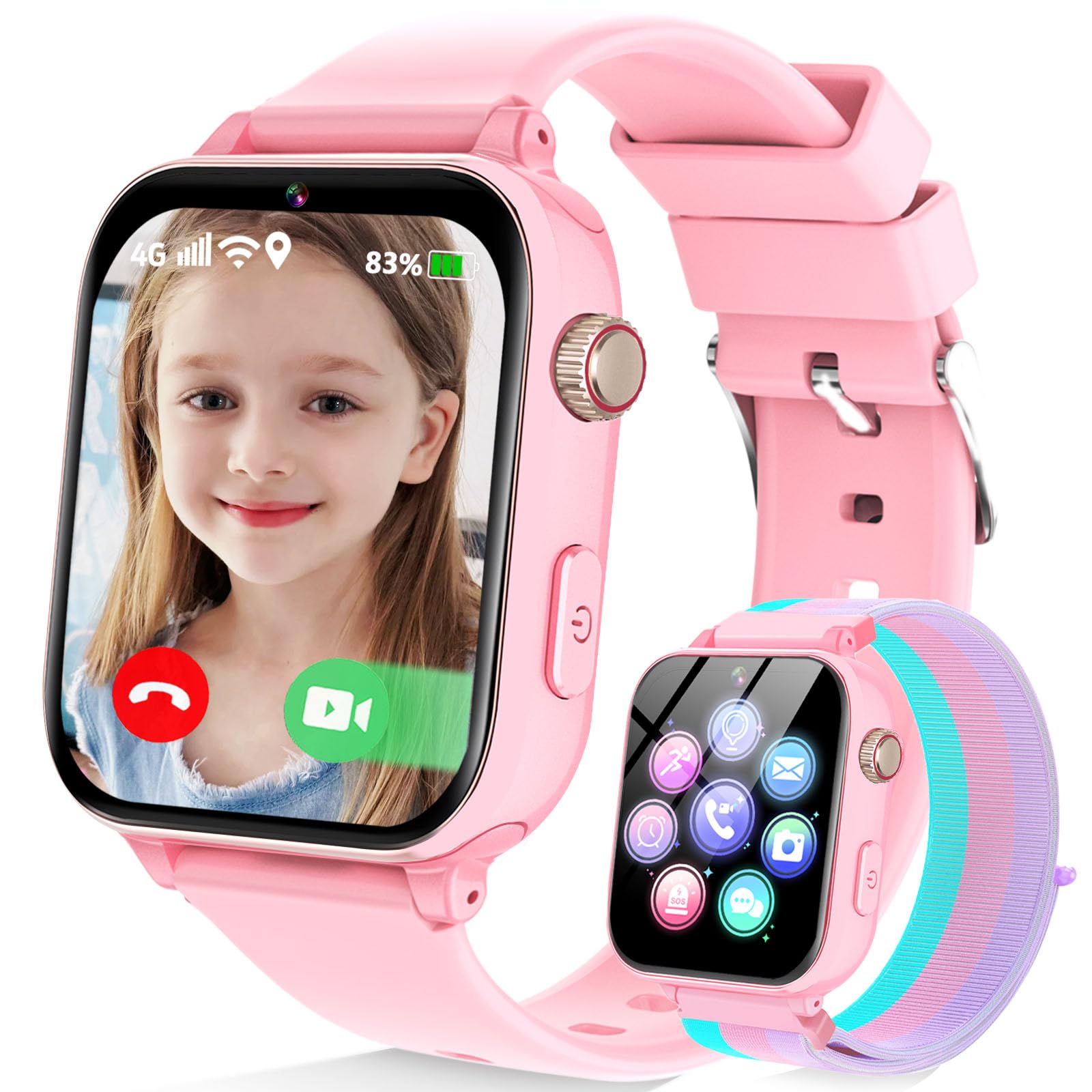 Kinder Smartwatch für Jungen Mädchen, kinderuhr Telefonuhr 4G mit GPS, Telefon, Videoanruf, Voice Chat, SOS, Schulmodus, Wecker, Schrittzähler, Spiele, Smart Uhr Watch für Kids Geschenke 4-12, Rosa