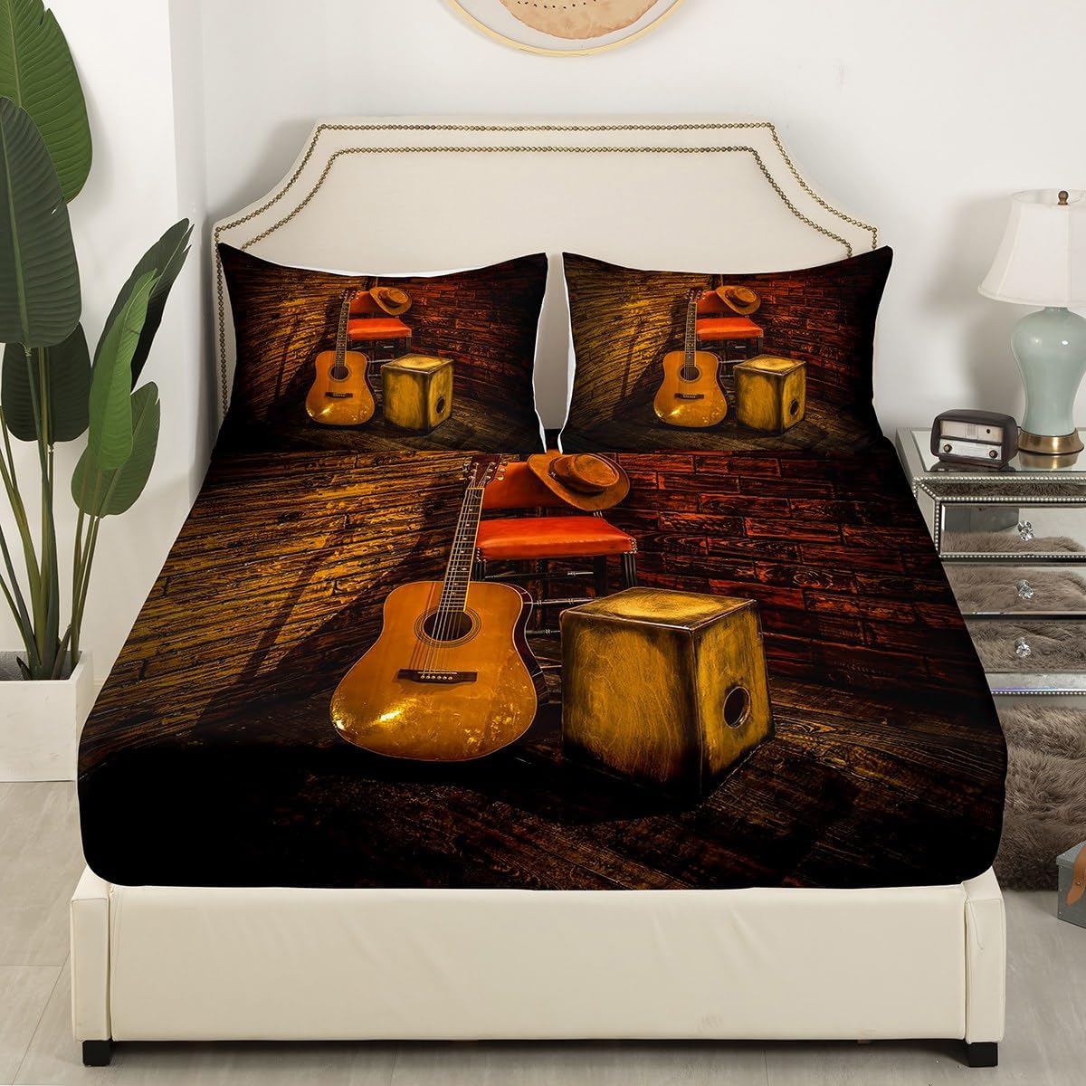 Erosebridal Acoustic Guitar Bed Sheets Vintage Instrument Fitted Sheet Full Size, Rustic Farmhouse Sheets Western Cowboys Hat Bedding, Wooden Lodge Cabin Bed Cover Microfiber (Deep Pocket)