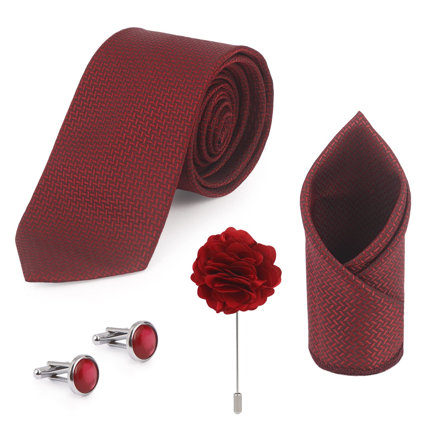 neuroclub Men Tie Set - Silk Necktie with Pocket Square, Cufflinks And Brooch Pin | Formal Tie for Wedding And Business, Men And Boys | Gift Box Included (Maroon)-picture-49
