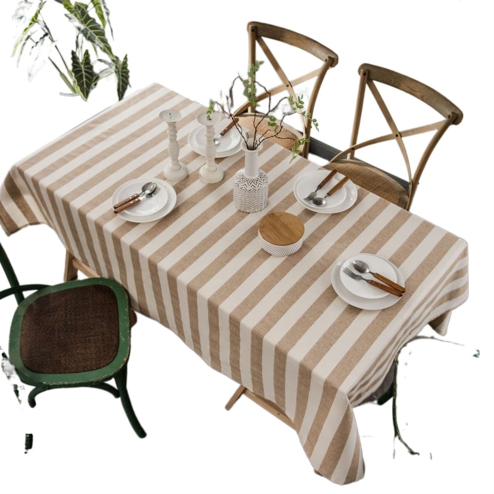JINGYAN Tablecloths Tablecloth Cotton Linen Yarn Dyed Home Decor Table Cover Rectangular Dustproof Mantel For Birthday Kitchen Dining(Khaki,140X220cm)