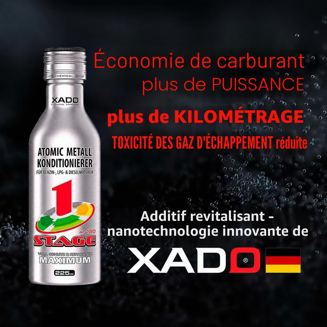 XADO Conditionneur de métal atomique Maximum Revitalizant® 1Stage Engine Oil Additive Additif pour huile de moteur pour réparation et usure, 225ml