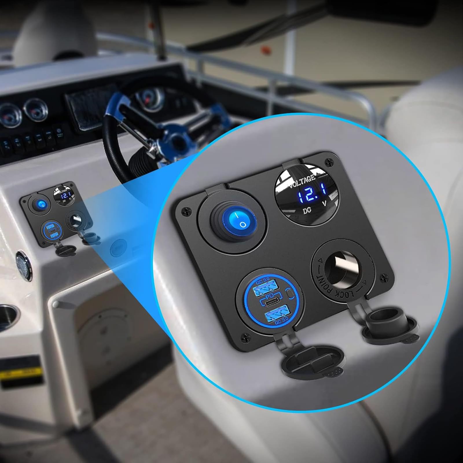 12-V-24-V Marine Ladegerät Steckdose mit Schnelllade Stromversorgung und digitalem Voltmeter ABS Ladesteckdosentafel, austauschbare Fahrzeugsteckdosen