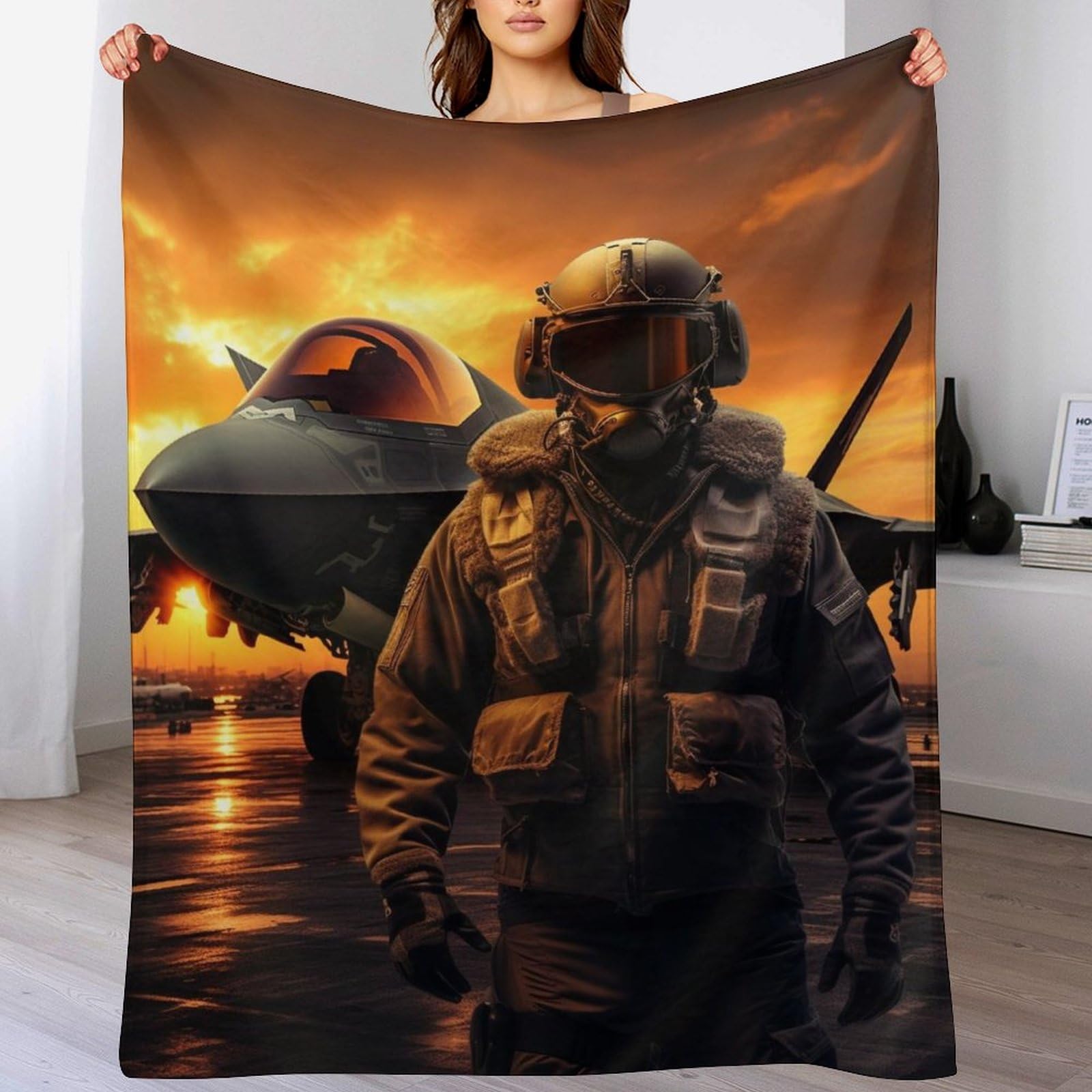 Couvre-lit avion de chasse effet velours en flannel de polyester premium