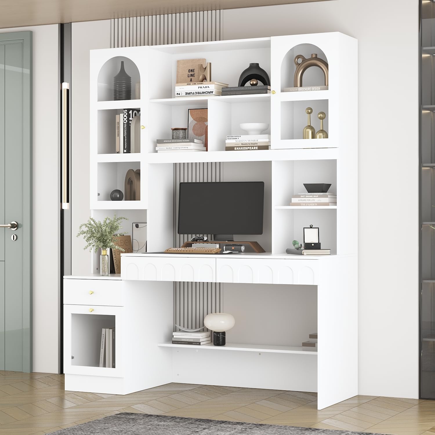 ECACAD Large Computer Desk with 79.1" Tall Bookshelf, 62.4" L Corner Computer Desk with Glass Doors and Carved Arched Patterns, Home Office Desk with 3 Drawers & 12 Shelves, White