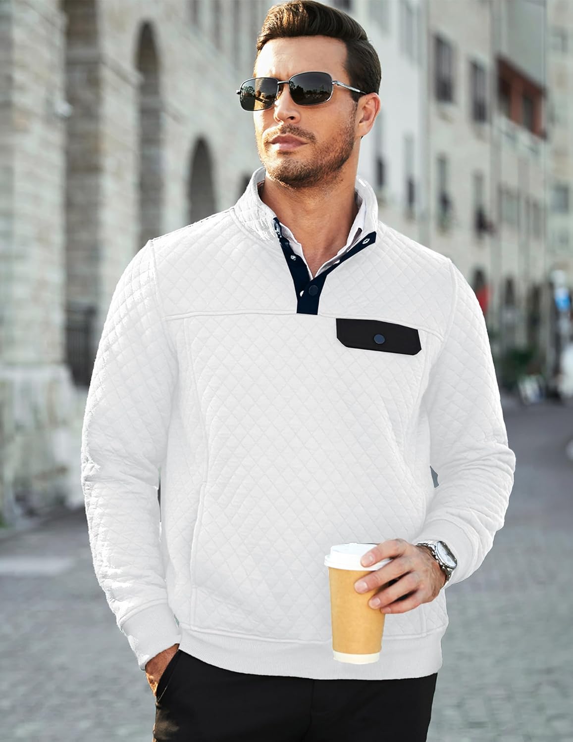 JMIERR Men's Quilted Sweatshirt Casual Long Sleeve Outdoor Stand Collar Button Pullover Sweatshirts - Image 2
