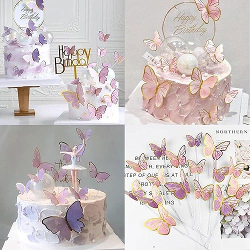 Miniatura 7 de Firot - Juego de 22 decoraciones de mariposa rosa para cupcakes con 1 pieza de alambre de feliz cumpleaños, decoración de pastel de cumpleaños para