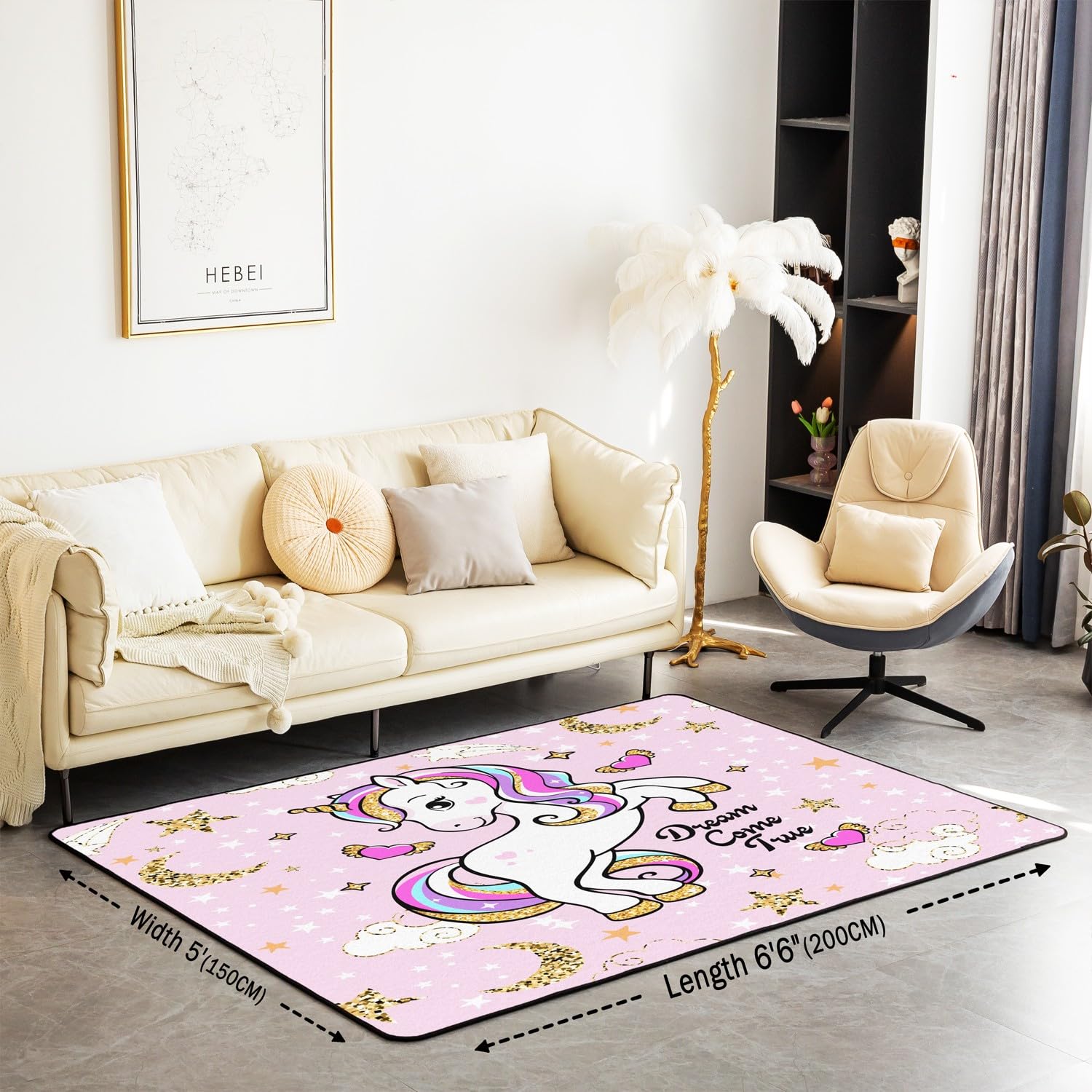 Homemissing Licorne Glitter Salon Tapis Chambre 100x150cm Fille Mignon Licorne décoratif Rainbow Tapis de Salon Cloud Star Cartoon Licorne Rose