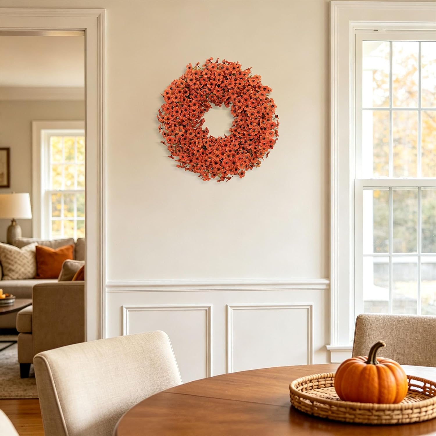 20" Orange Fall Wreath for Front Door, Artificial Mums Autumn Wreath