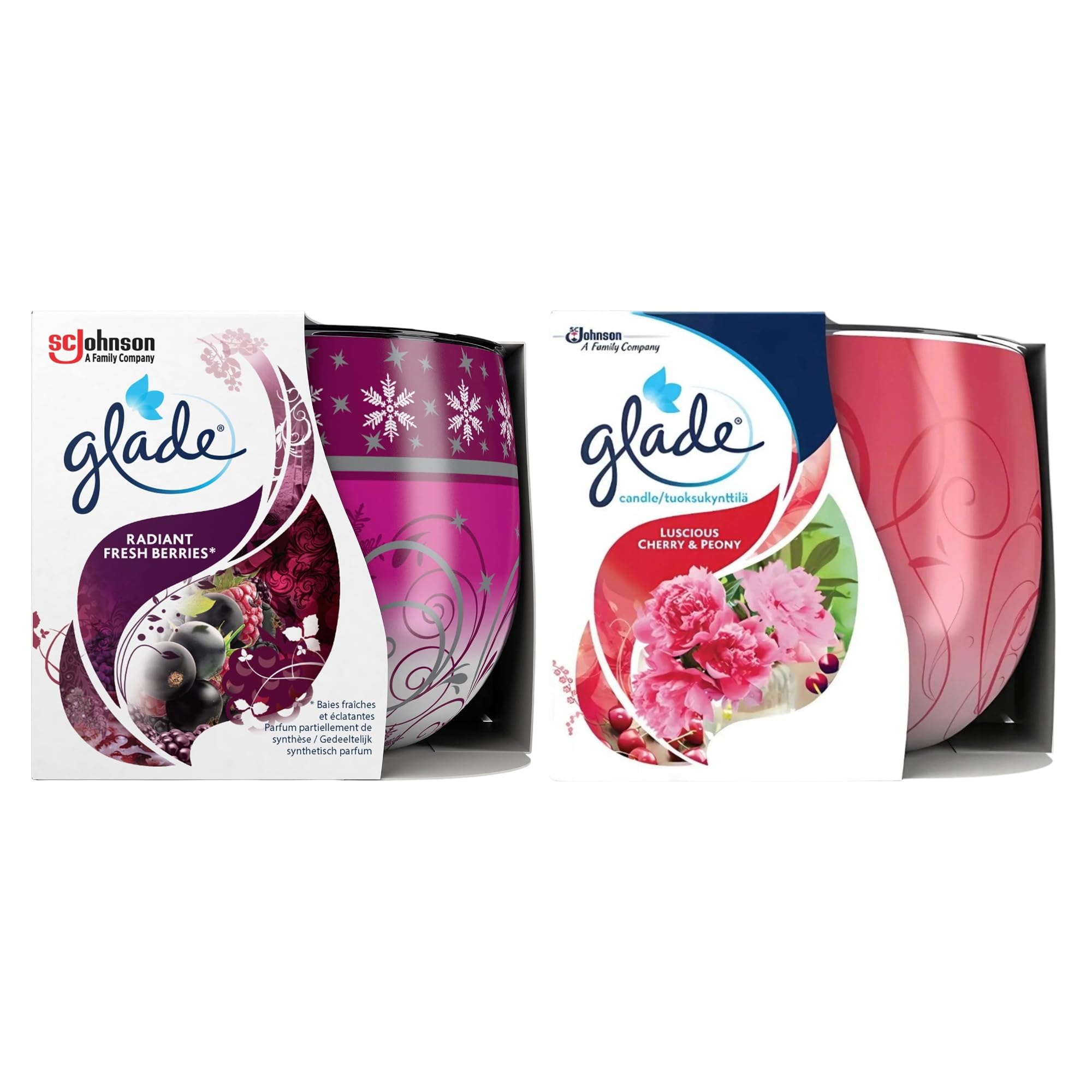 Glade Velas Aromáticas Pack 24 Unidades 108 g – Velas Decorativas Perfumadas con Aromas Radiant Fresh Berries y Luscious Cherry & Peony para Hogar y Decoración