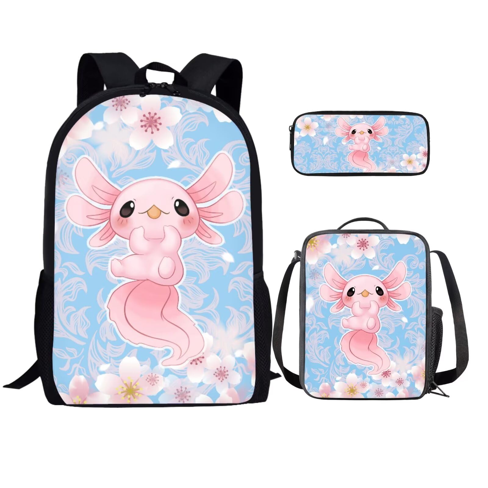 Ystardream Axolotl Backpack for Girls Kids Elementary Backpack with Lunch Box Kindergarten Student School Bag 3-in-1 Bookbag Set with Pencil Case for Teen Girls Boys Schoolbag Preschool Bookbag