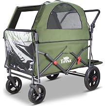 TMZ Collapsible Wagon Cart, Folding Utility Wagon with Breathable Fabric, Canopy, Expandable Storage, Adjustable Handle, Brake, Heavy Duty Cart for Walking & Camping Green