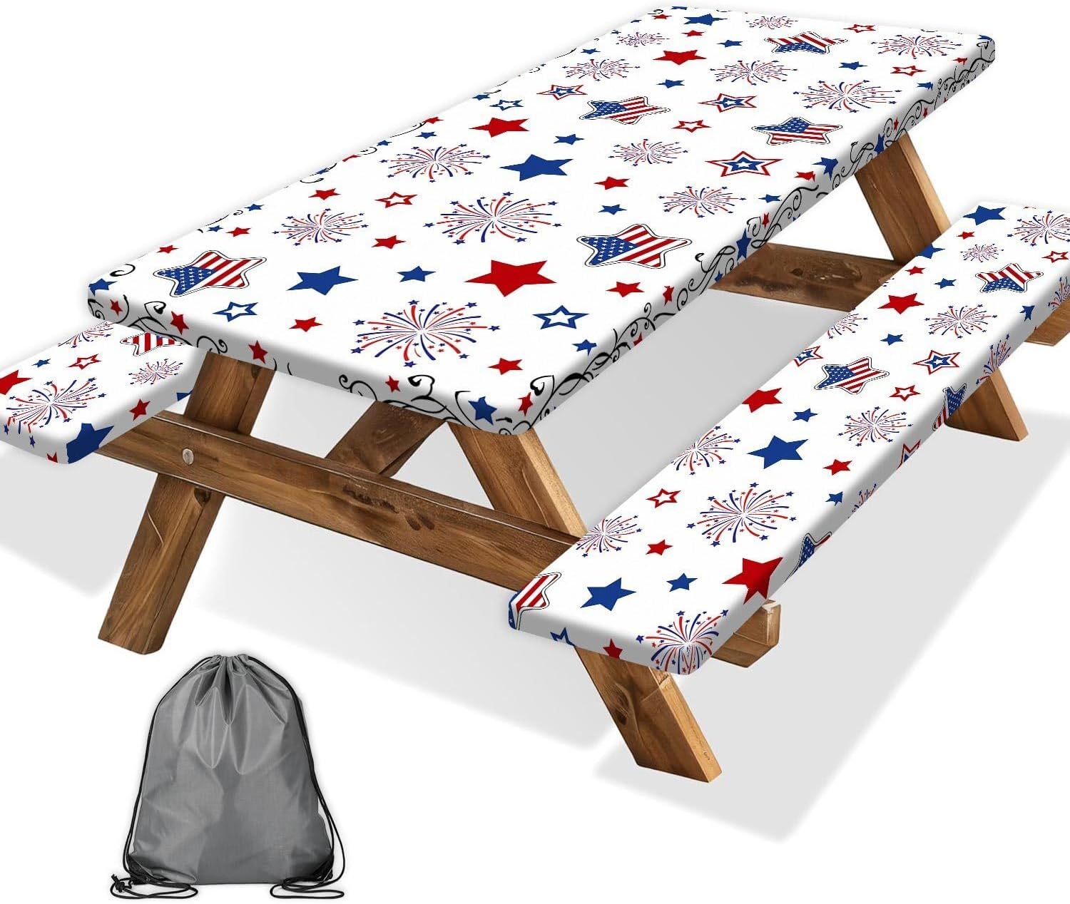 Picnic Table Cover with Bench Covers and Carrying Bag, Red and Blue Stars Fitted Table Cover, Outdoor Patio Camping Essentials, Waterproof Camping Fitted Tablecloth with Drawstring Bag, 30X72inch