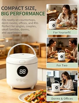 Multifunctional Small Rice Cooker, 3-Cups Uncooked/ 6-Cups Cooked with Handle, 6 Intelligent Cooking Modes for White Rice, Quinoa, Oatmeal - with Nonstick Inner Pot, Measuring Cup & Serving Spoon, 1.6L Capacity