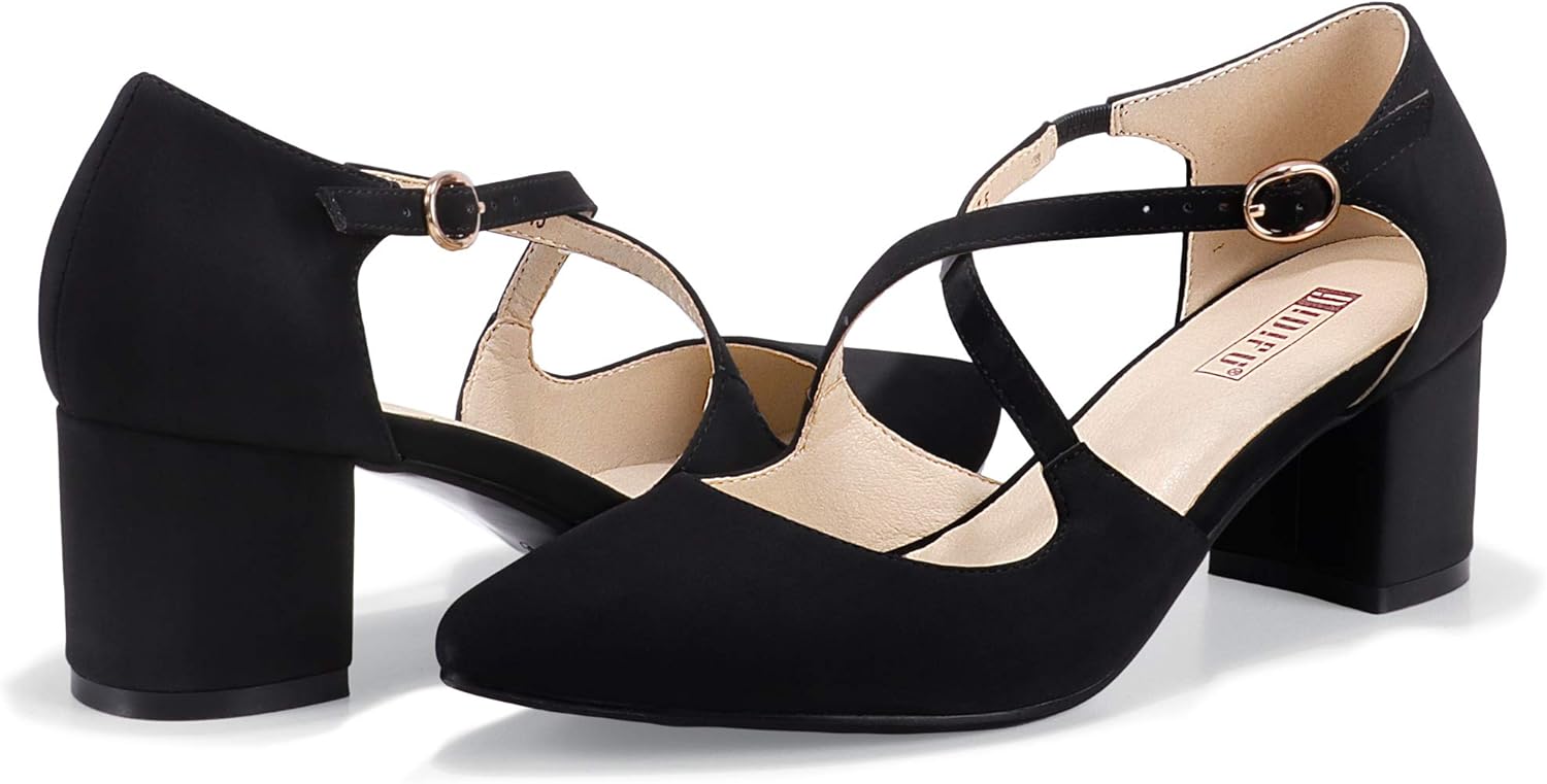 IDIFU Women's Lynn Dress Low Heeled Pumps Closed Pointed Toe Block Chunky Heel Cross Strap Wedding Bridal Party Office Shoes