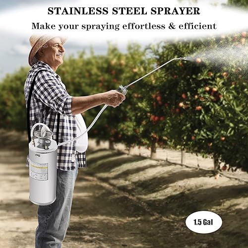 Miniatura 2 de Pulverizador de acero inoxidable de 1.5 galones, juego con varita y mango de 19.6 pulgadas y manguera reforzada de 3.9 pies, rociador de bomba