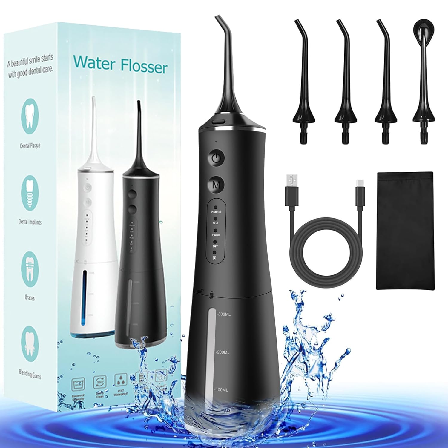 Water Dental Flosser Cordless for Teeth Cleaning Professional - 4 Modes Oral Irrigator 300ML Rechargeable Portable IPX7 Waterproof