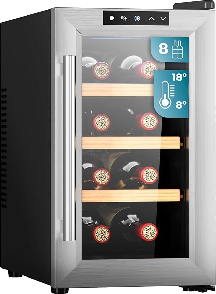 Cecotec Cave à vin 8 bouteilles Bolero GrandSommelier 830 CoolWood, Thermoélectrique, Faible niveau sonore et haute performance, Température réglable : 8-18°C, Panneau de commande tactile, Affichage - 1