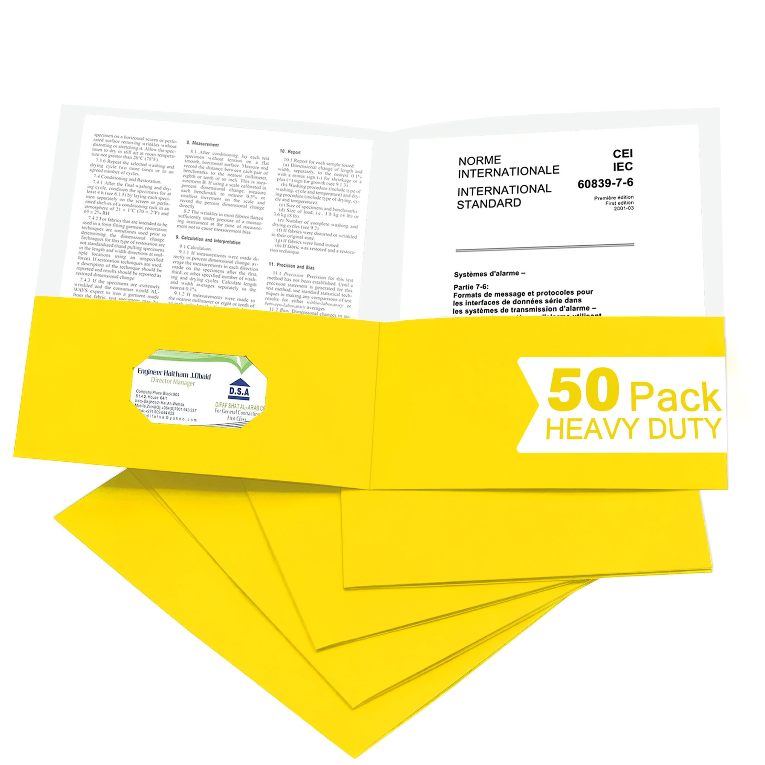 Zzrywuty 50 Packs Yellow Two Pocket File Folders with Business Card Slot,Textured Paper,Letter Size,Holds 100 Plus Sheets for School,Office,Business