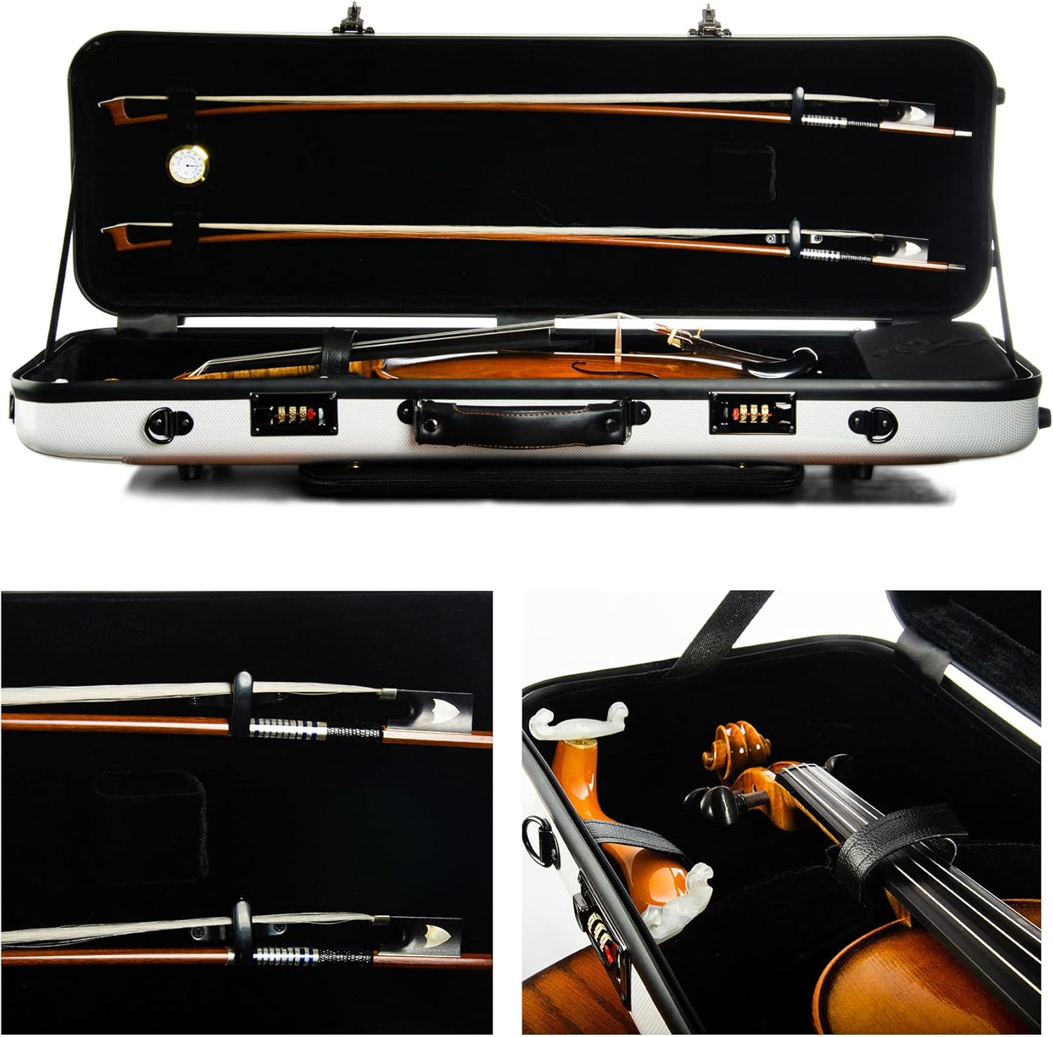 Christina 4/4 Full Size Violin case High-Strength Carbon Fiber Rectangular Violin Music Bag With Combination Lock and Extra Bag White Violin Hard Case (VB-Square-WhiteDot spot)