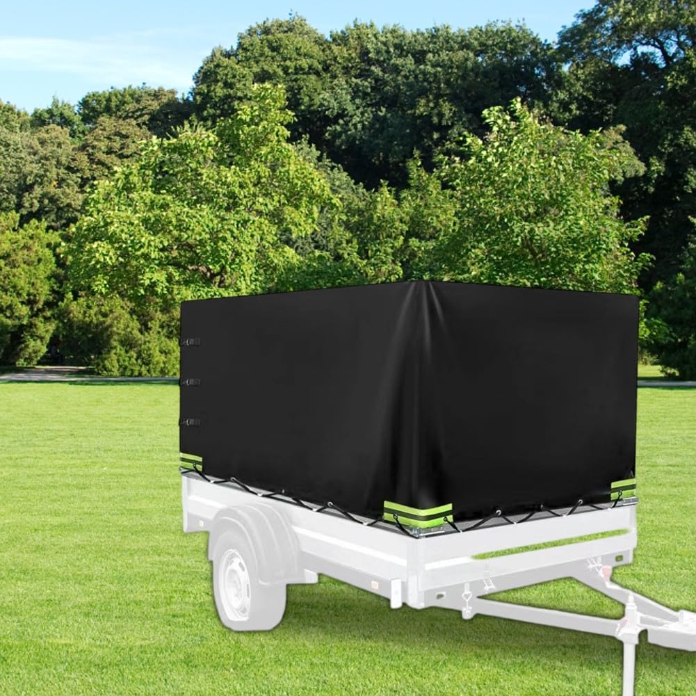Anhänger-Abdeckung, 210 x 114 x 90 cm, Mehrzweck-Anhängerplane, wasserdicht, winddicht, UV-beständig, strapazierfähiges 420D-Oxford-Gewebe, sichere Passform für die Aufbewahrung im Freien (schwarz)