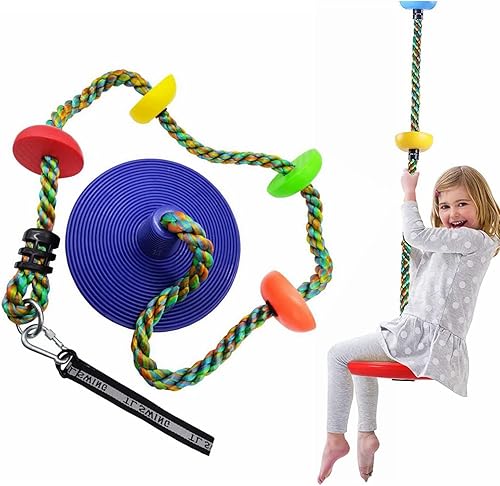 Miniatura 10 de Cuerda de escalada con plataformas para niños, juego de asiento de columpio de árbol de disco que incluye correa para colgar y mosquetón, juego de