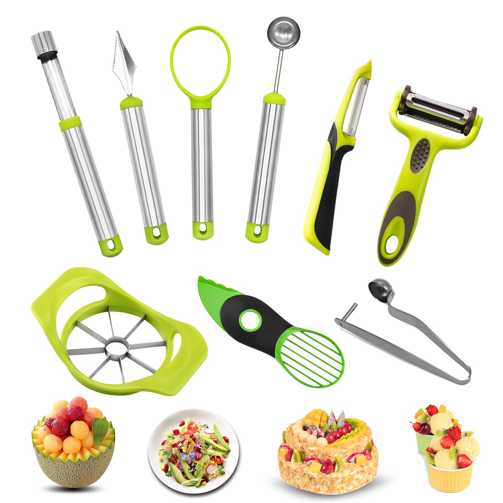 9Pcs Melon Baller Scoop Set,Fruit Shape Cutters,Avocado Slicer tool 3 in 1,Apple Slicer,Fruit Scooper and Baller, Vegetable Peelers, Apple Cutter and Corer,Green