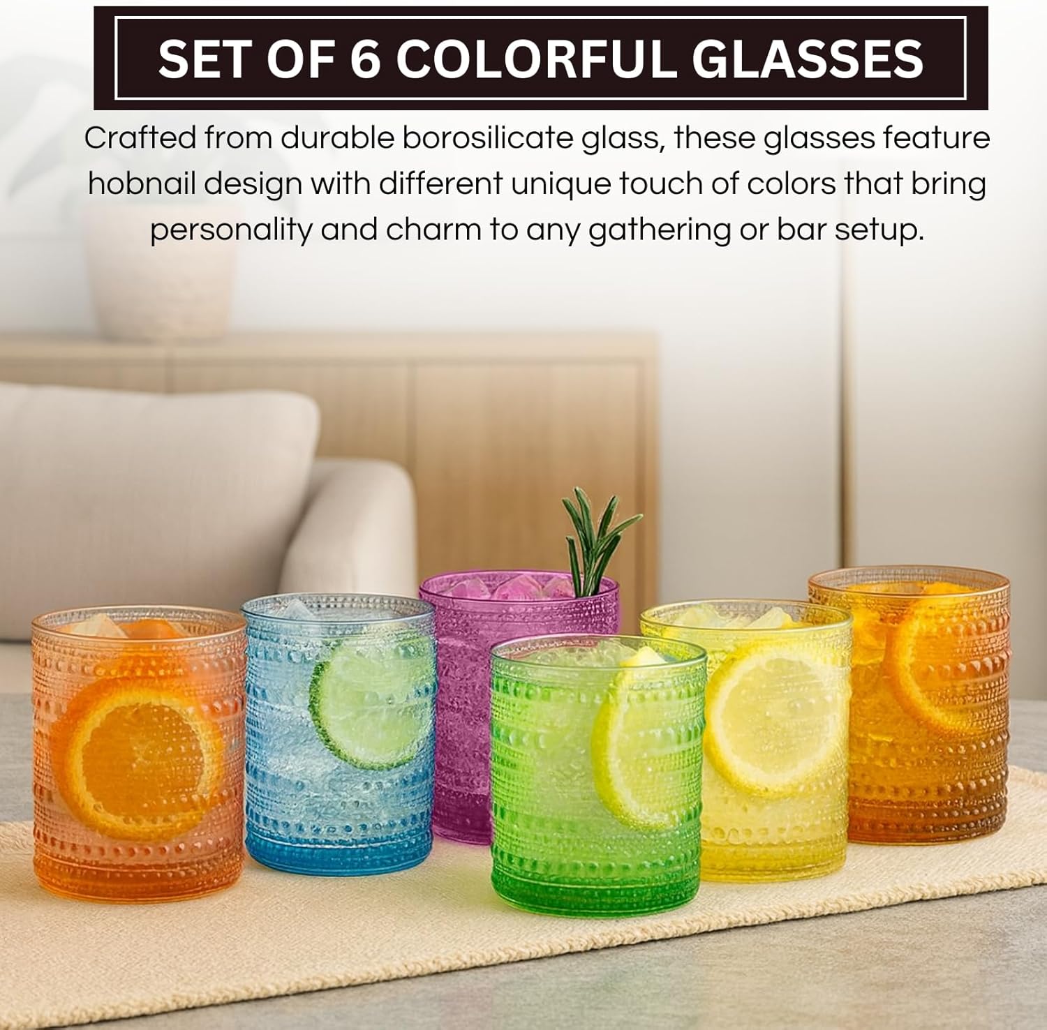 Khen Hobnail Drinking Glasses - Colorful Tumblers, 10 oz Drinkware for Parties, Brunches, BBQs, Picnics & Gifts - Cups for Cocktails, Iced Tea & Juice - BPA-Free - Set of 6, Summer Colors