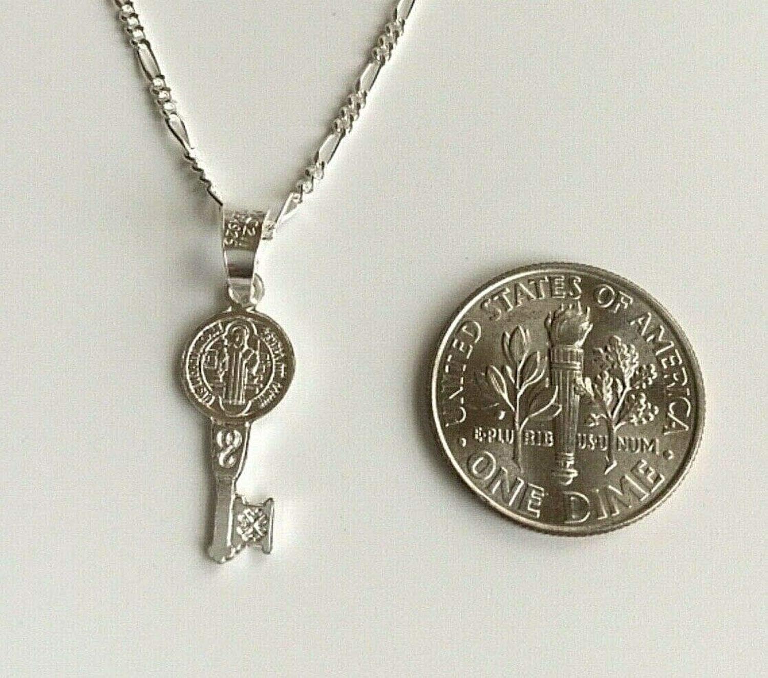 LUXURYGOLD888 925 Sterling Silver Saint Benedict Key Necklace 18" Long-22mm/Cadena De San Benito Llave 18" Largo