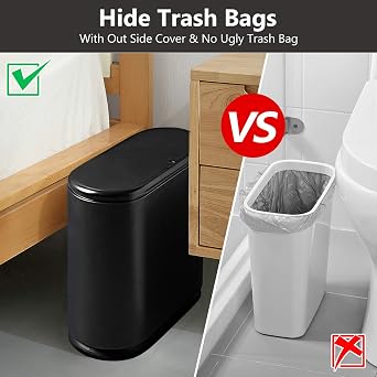 MORDEN MS Trash Can, 10 Liter / 2.4 Gallon Plastic Slim Garbage Container Bin with Press Top Lid, Waste Basket for Kitchen, Bathroom, Living Room, Office, Narrow Place(Black)