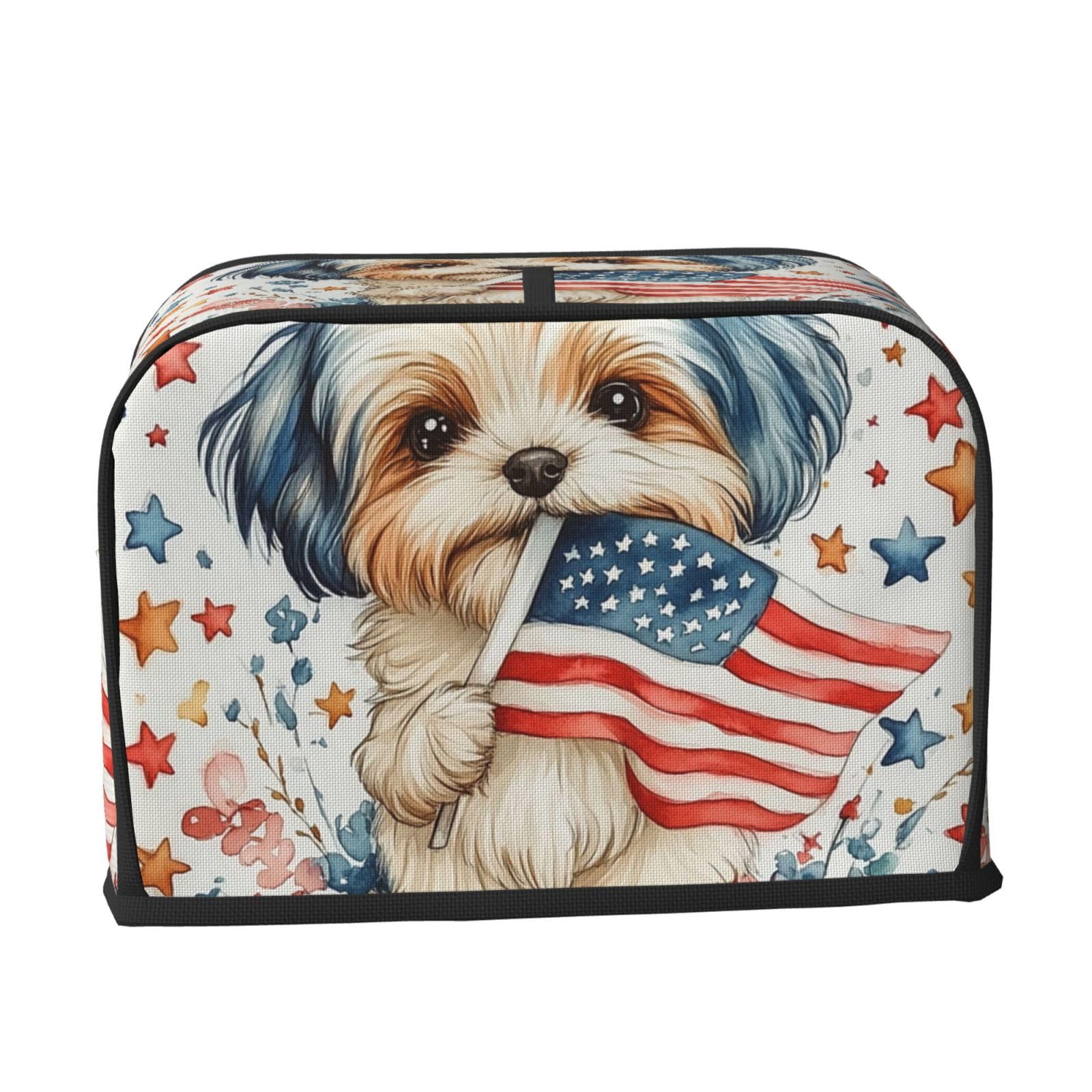 CoveTote American Flag Dog Print 2 Slice Toaster Cover, Dustproof Kitchen Machine Covers Fits Most Standard Toaster, Small Kitchen Appliance, Bread Maker Protector