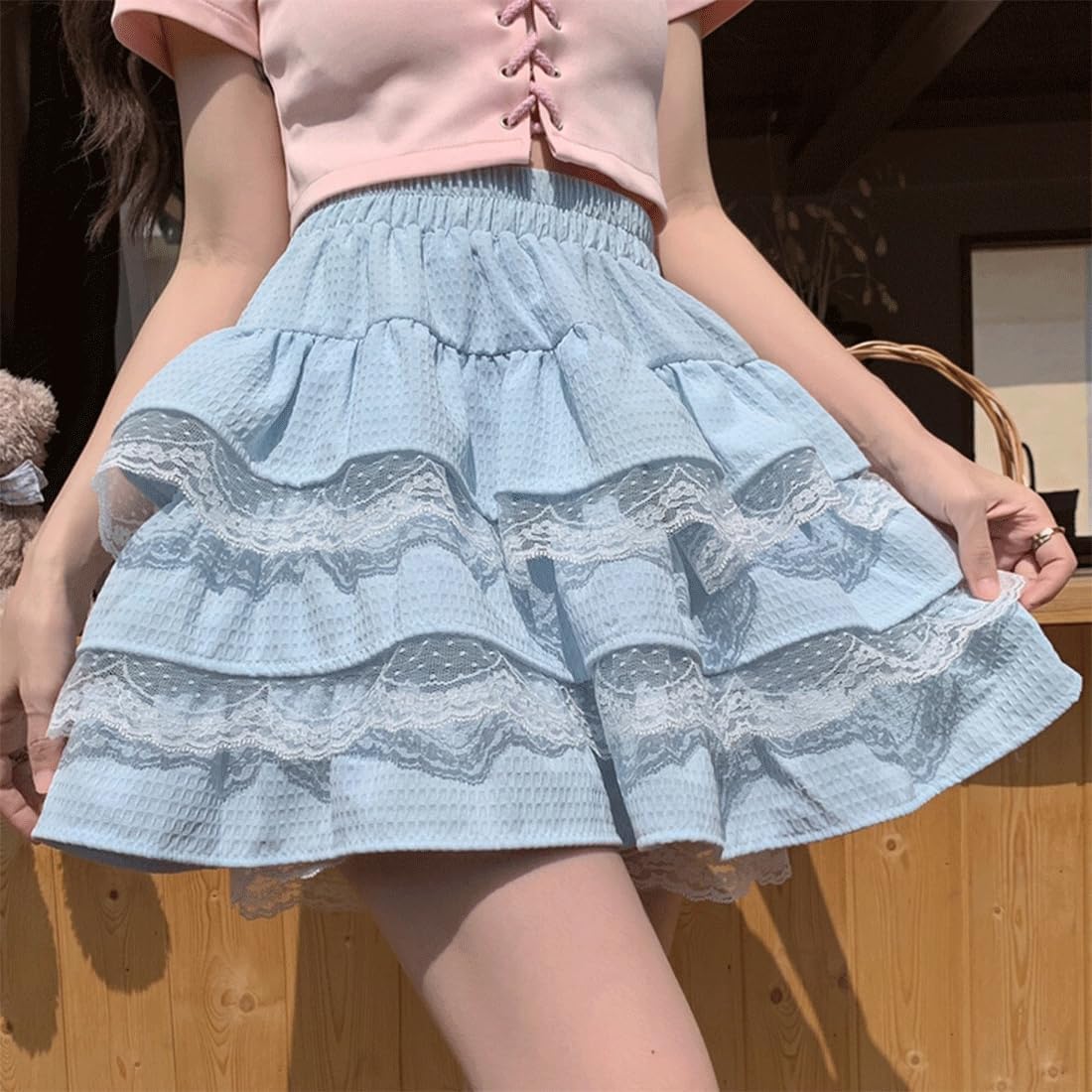 Harajuku Lolita Kawaii Gothic Casual Style A-Line Elastic High Waist Cute Lace Trim Ruffle Tiered Short Skirt - Image 4