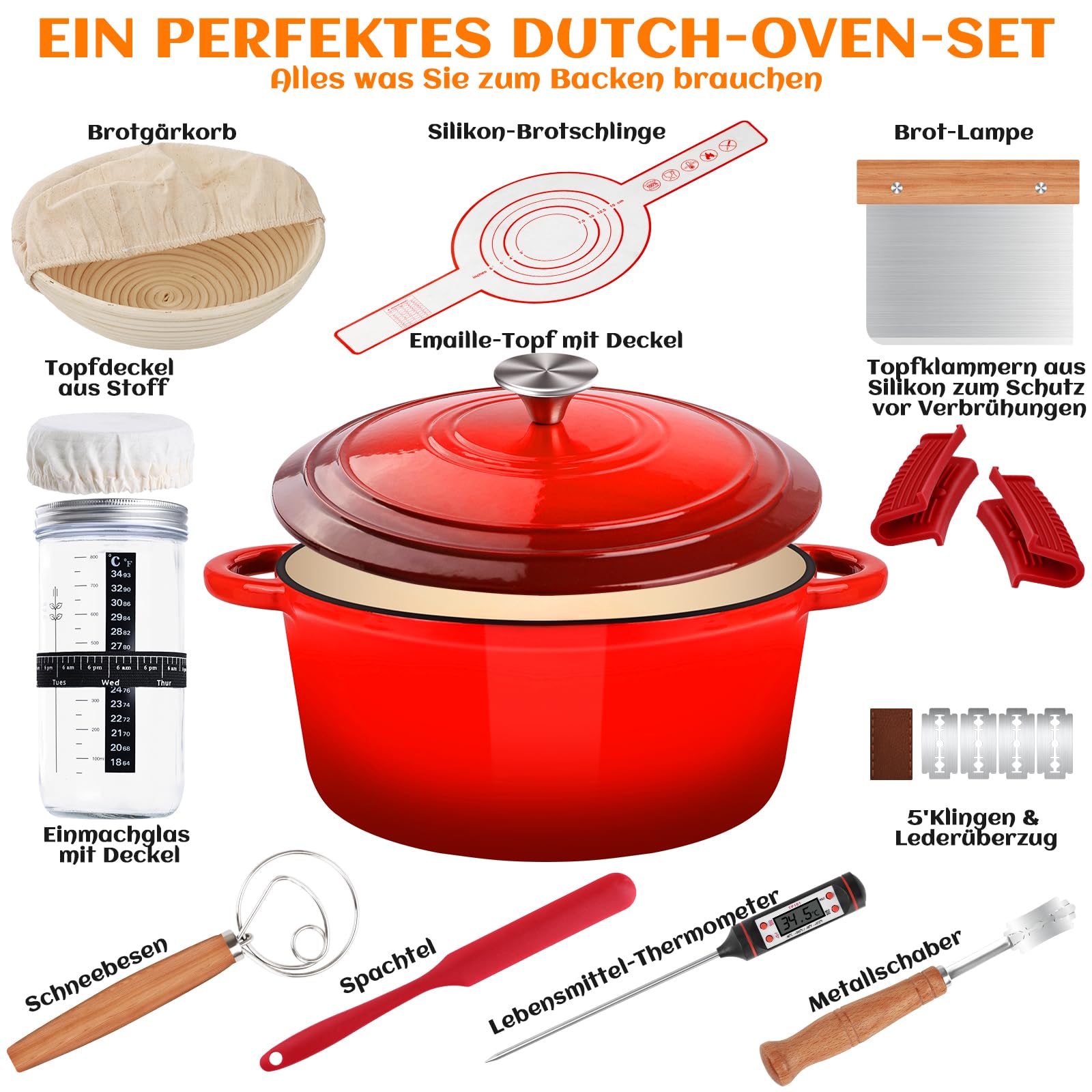 NZQXJXZ Gusseisen Topf Brot Backen, 26cm Emaille Schmortopf mit Deckel Brotbackform mit Banneton Brot Gärkorb Sauerteig Brotbacken Zubehör, 2-in-1 Brotbacktopf mit Pfanne Deckel Kochen Pan