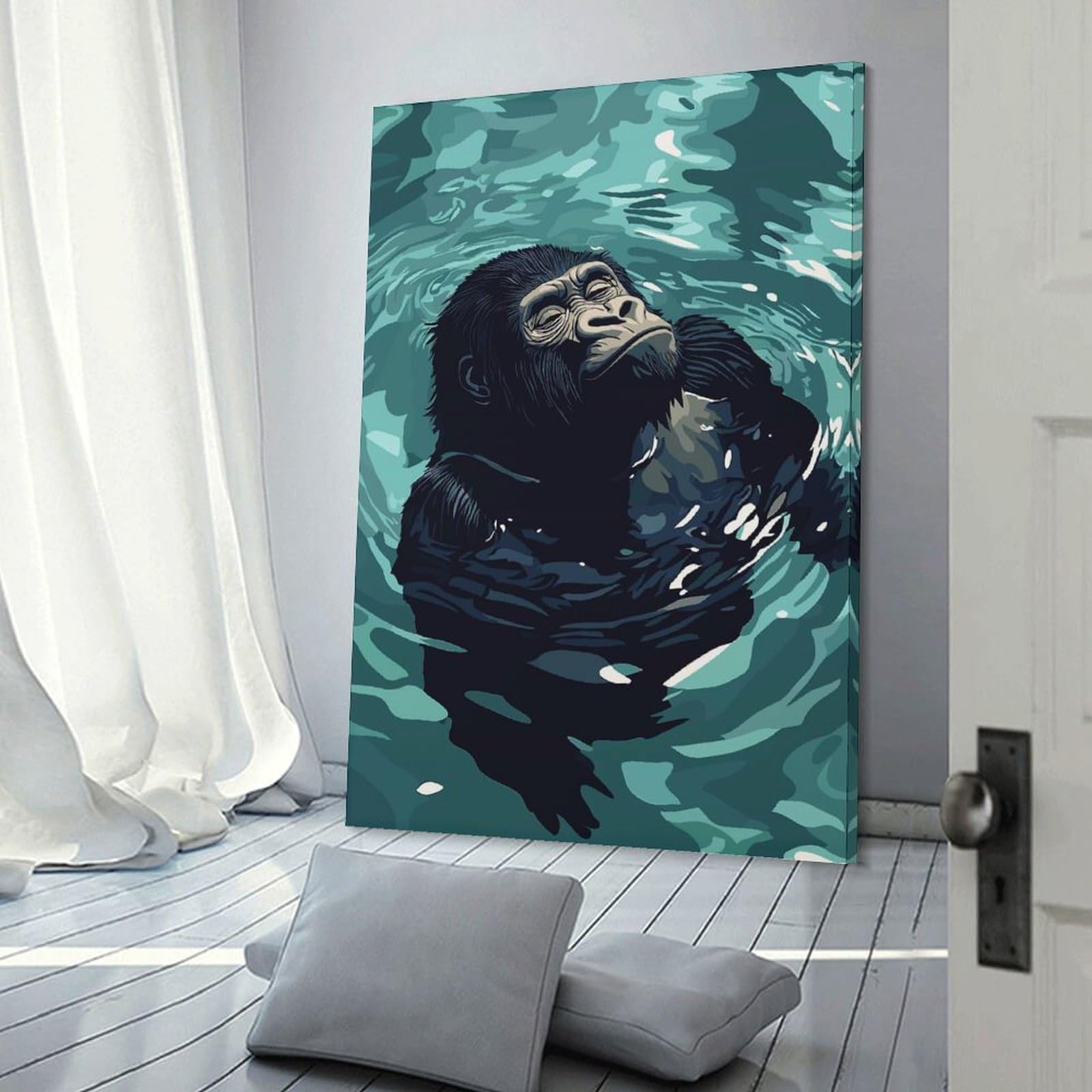 Junmoney Relaxing Gorilla in Water Illustration Canvas Wall Art, 20x30inch(50x75cm), for Bedroom Decor, Cosy Corners Or Studios, Stylish Decor for A Restful Room Update