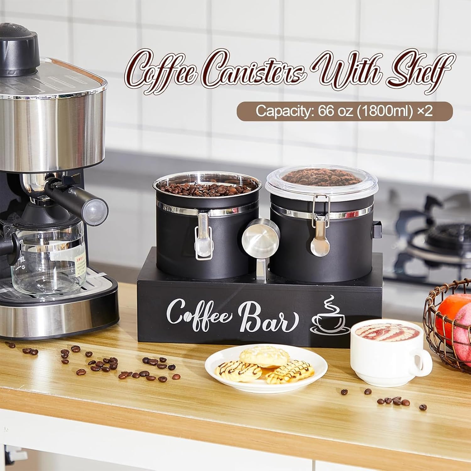 Maxcheck 2 Pcs 66 oz Coffee Sugar Canisters with Shelf & Scoop, Easter Gifts Airtight Stainless Steel Container with Lids, Home Kitchen Food Storage Jars for Grounds, Beans, Tea, Cereal(Black)