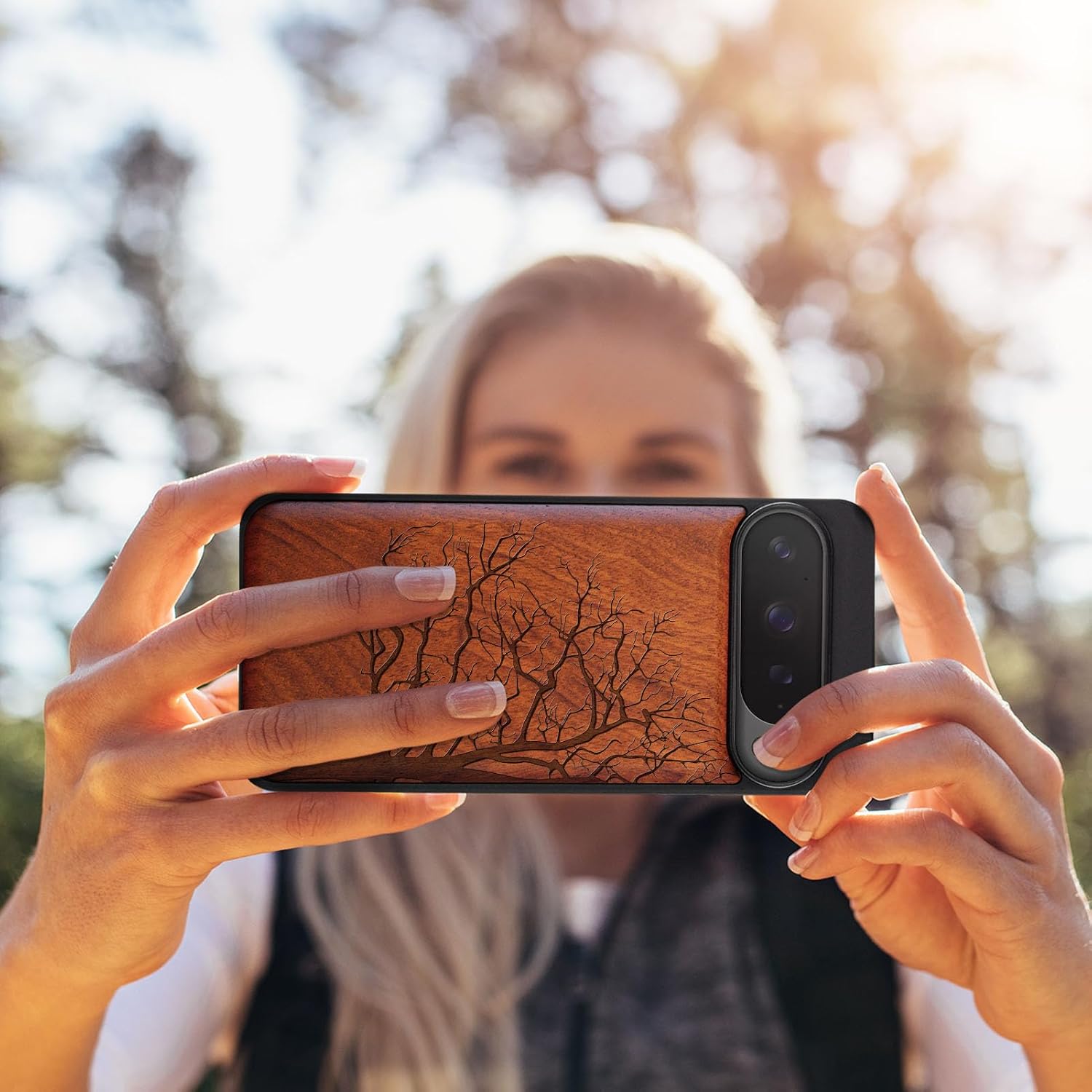 Carveit Magnetic Wooden Case for Pixel 9 Pro Google 9 Pro Case, Wood Artisan Engraved & Soft TPU Shockproof Cover, Compatible with MagSafe Wireless Chargers (Eternal Tree) Rosy