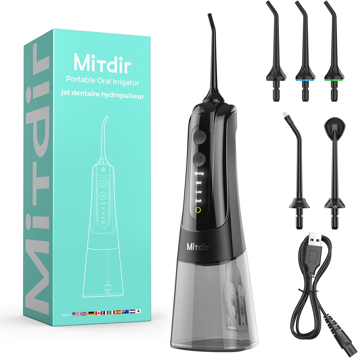 YXY-801 Water Dental Flosser Oral Irrigator 5 Jet Tips 4 Modes IPX7 Waterproof 300ML Detachable Water Tank Portable Cordless Rechargeable Teeth Cleaner for Home&Travel (Black)