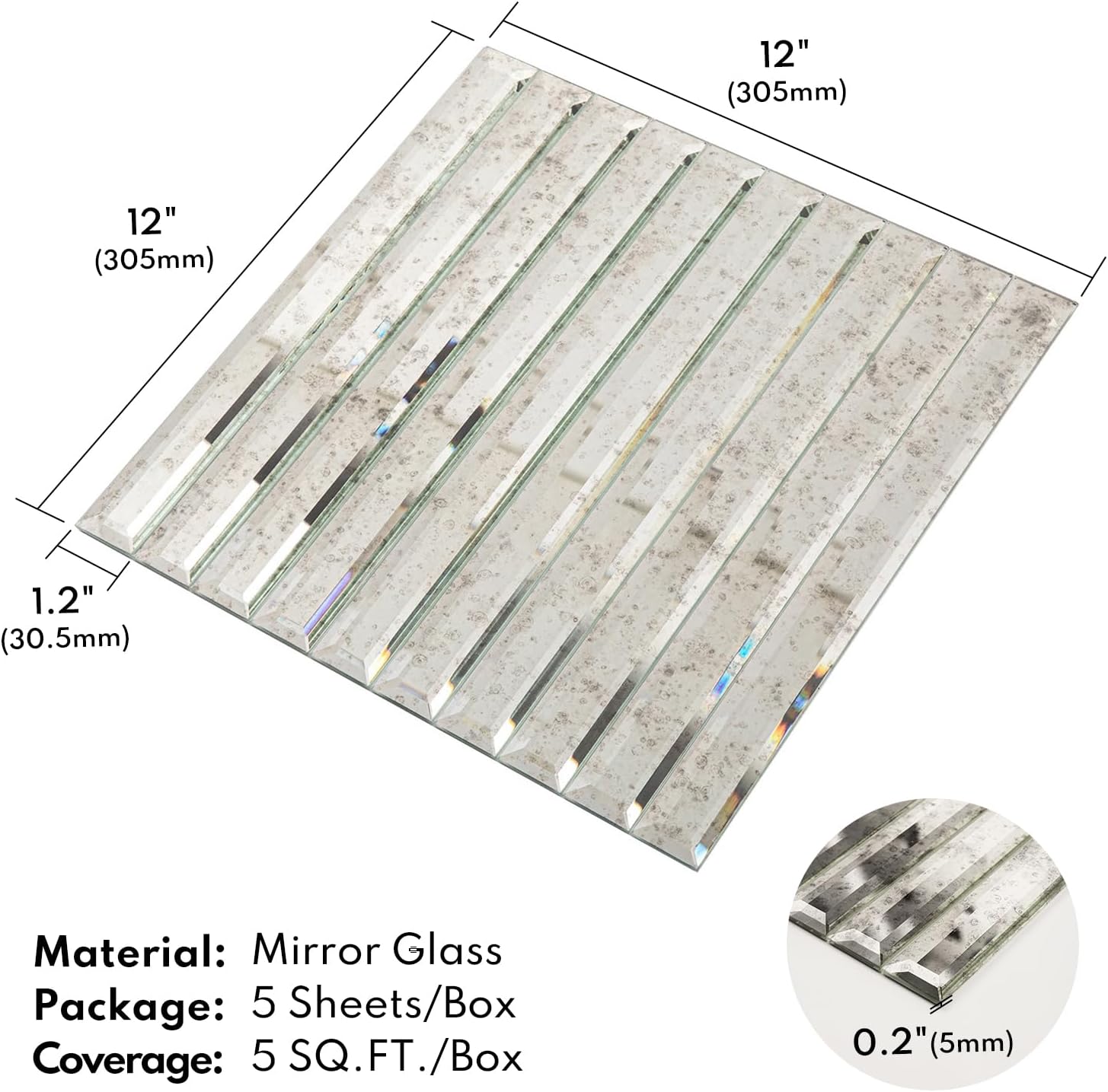 Lovdeco Peel and Stick Antique Mirror Strip Tile, 1.2 x 12 Inch Strip Mirror Tiles for Kitchen Backsplash and Bathroom Wall (5 Pieces, 5 SQ.FT.)