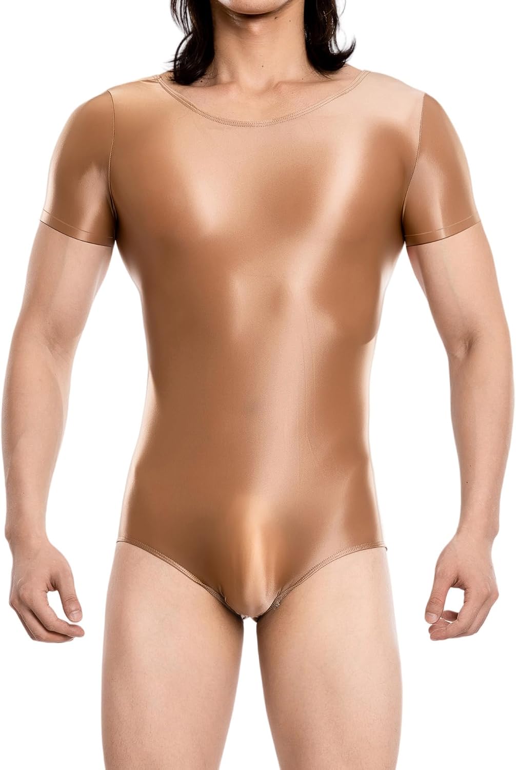 FEOYA Men Shiny Oil Glossy Bdoysuit One Piece Short Sleeve Silky Leotard Jumpsuit Romper