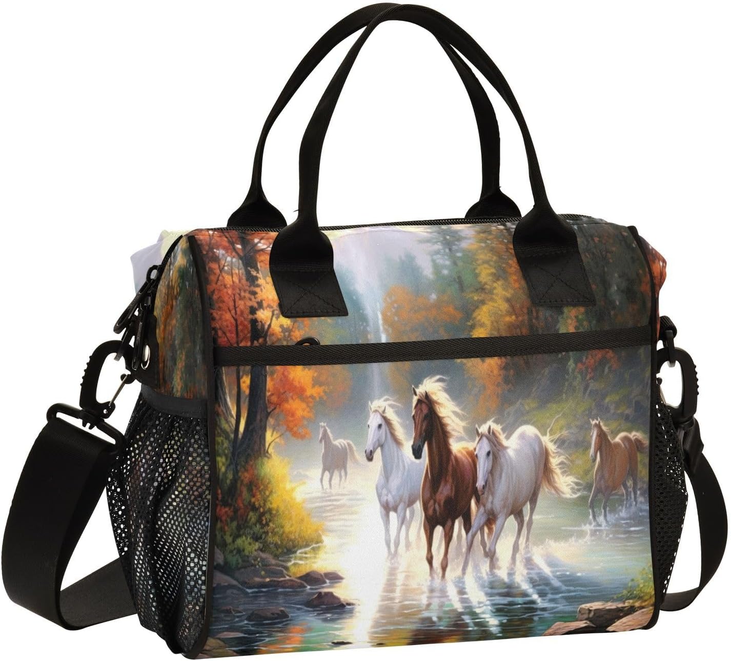 Lunch Bags Horses Painting Insulated Reusable Lunch Box Large Leakproof Adult Lunch Cooler Bag with Adjustable Shoulder Strap for Picnic, Work, Camping,Medium