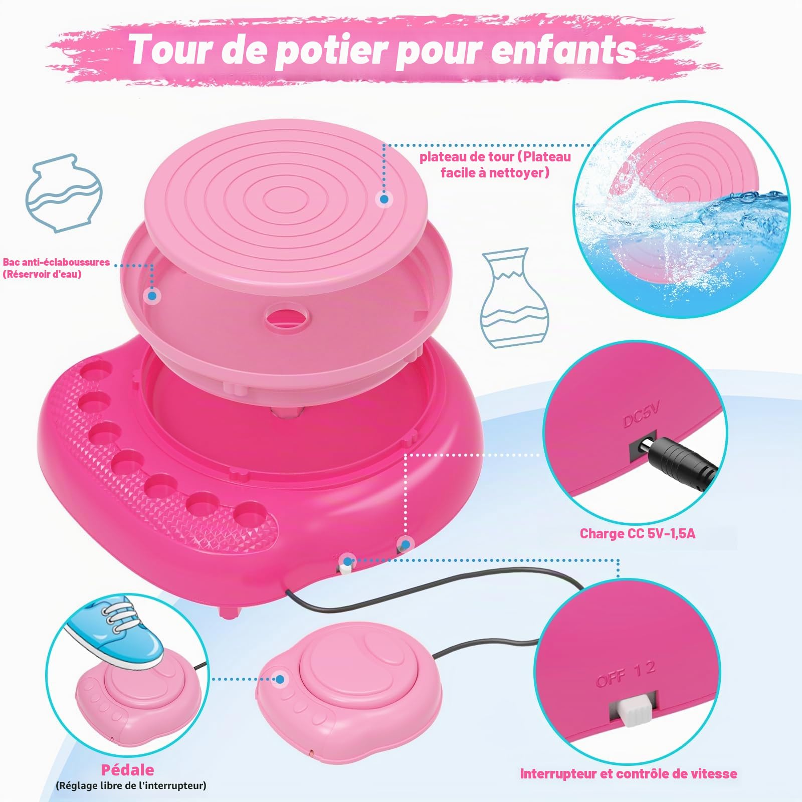 Tour de Potier pour Enfants avec Kit d'Argile-Loisirs Créatifs Enfants 6-12 Ans, Kit de Poterie Complet avec Argile Auto-Durcissante et Outils de Peinture, Cadeau Pâques Noël Anniversaire Garçon Fille
